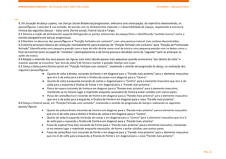 APRENDIZAGENS ESSENCIAIS | ARTICULAÇÃO COM O PERFIL DOS ALUNOS SECUNDÁRIO | EDUCAÇÃO FÍSICA)
PÁG. 22
6. Em situação de dança a pares, nas Danças Sociais Modernas/progressivas, seleciona com antecipação, do repertório desenvolvido, os
passos/figuras a executar à sua vontade, de acordo com os alinhamentos espaciais e a disponibilidade de espaço, respeitando a estrutura
rítmica das seguintes danças – Valsa Lenta (forma social), Foxtrot Social e Tango:
6.1 Domina a noção de alinhamento espacial distinguindo os pontos referenciais do espaço físico e identificando “sentido inverso” como o
sentido obrigatório em danças progressivas.
6.2 Mantém no decorrer dos passos/figuras a “Posição Fechada com contacto”, com uma postura natural, com ombros descontraídos.
6.3 Domina princípios básicos de condução, nomeadamente para mudanças de “Posição fechada com contacto” para “Posição de Promenade
fechada” (identificando uma pequena pressão com a base da mão direita como sinal de início e uma pequena pressão com os dedos como o
final da mesma) tanto no papel de “condutor” (atempadamente e de forma precisa e decidida) como de “seguidor”(sem se antecipar às
ações do outro).
6.4 Adapta a extensão dos seus passos nas figuras com volta (dando passos mais pequenos quando se encontra “por dentro da volta” e
maiores quando se encontrar “por fora da volta”) de forma a manter a posição relativa com o par.
6.5 Dança a Valsa Lenta (forma social) em “Posição Fechada com contacto”, mantendo o sentido de progressão da dança, na realização dos
seguintes passos/figuras:
 Quarto de volta à direita, iniciando de frente e em diagonal para a “Parede mais próxima” para o elemento masculino
que vira ¼ de volta para a direita e finaliza de costas e em diagonal para o “Centro”.
 Quarto de volta à esquerda iniciando de costas e diagonal para o “Centro” para o elemento masculino que vira ¼ de
volta para a esquerda e finaliza de frente e em diagonal para a “Parede mais próxima”.
 Passo de espera iniciando de frente e em diagonal para a “Parede mais próxima” para o elemento masculino,
mantendo-se no mesmo lugar e repetindo enquanto necessário de forma a evitar colisões com outros pares.
 Passo de canto/Box turn iniciando de frente e em diagonal para a “Parede mais próxima” para o elemento masculino
que vira ¼ de volta para a esquerda, e finaliza de frente e em diagonal para a nova “Parede mais próxima”.
6.6 Dança o Foxtrot social, em “Posição Fechada com contacto”, mantendo o sentido de progressão da dança e realizando os seguintes
passos/ figuras:
 Quarto de volta à direita iniciando de frente e em diagonal para a “Parede mais próxima” para o elemento masculino
que vira ¼ de volta para a direita e finaliza de costas e em diagonal para o “Centro”.
 Quarto de volta à esquerda iniciando de costas e em diagonal para o “Centro” para o elemento masculino que vira ¼
de volta para a esquerda e finaliza de frente e em diagonal para a “Parede mais próxima”.
 Passo de espera/Time step iniciando de frente para a “Parede mais próxima” para o elemento masculino, mantendo-
se no mesmo lugar e repetindo enquanto necessário, de forma a evitar colisões com outros pares.
 Passo de canto/Rock turn iniciando de frente e em diagonal para a “Parede mais próxima” para o elemento masculino
que vira ¼ de volta para a esquerda, e finaliza de frente e em diagonal para a nova “Parede mais próxima”.
 