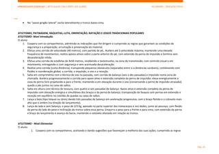 APRENDIZAGENS ESSENCIAIS | ARTICULAÇÃO COM O PERFIL DOS ALUNOS SECUNDÁRIO | EDUCAÇÃO FÍSICA)
PÁG. 25
 No “passo gingão lateral” oscila lateralmente o tronco baixo-cima.
ATLETISMO, PATINAGEM, RAQUETAS, LUTA, ORIENTAÇÃO, NATAÇÃO E JOGOS TRADICIONAIS POPULARES
ATLETISMO- Nível Introdução
O aluno:
1. Coopera com os companheiros, admitindo as indicações que lhe dirigem e cumprindo as regras que garantam as condições de
segurança e a preparação, arrumação e preservação do material.
2. Efetua uma corrida de velocidade (40 metros), com partida de pé‚. Acelera até à velocidade máxima, mantendo uma elevada
frequência de movimentos; realiza apoios ativos sobre a parte anterior do pé, com extensão da perna de impulsão e termina sem
desaceleração nítida.
3. Efetua uma corrida de estafetas de 4x50 metros, recebendo o testemunho, na zona de transmissão, com controlo visual e em
movimento, entregando-o com segurança e sem acentuada desaceleração.
4. Realiza uma corrida (curta distância), transpondo pequenos obstáculos (separados entre si a distâncias variáveis), combinando com
fluidez e coordenação global, a corrida, a impulsão, o voo e a receção.
5. Salta em comprimento com a técnica de voo na passada, com corrida de balanço (seis a dez passadas) e impulsão numa zona de
chamada. Acelera progressivamente a corrida para apoio ativo e extensão completa da perna de impulsão; eleva energicamente a
coxa da perna livre projetando-a para a frente, mantendo-a em elevação durante o voo (conservando a perna de impulsão atrasada);
queda a pés juntos na caixa de saltos.
6. Salta em altura com técnica de tesoura, com quatro a seis passadas de balanço. Apoio ativo e extensão completa da perna de
impulsão com elevação enérgica e simultânea dos braços e da perna de balanço; transposição da fasquia com pernas em extensão e
receção em equilíbrio no colchão de quedas ou caixa de saltos.
7. Lança a bola (tipo hóquei ou ténis) dando três passadas de balanço em aceleração progressiva, com o braço fletido e o cotovelo mais
alto que o ombro (na direção do lançamento).
8. Lança de lado e sem balanço, o peso de 2/3 Kg, apoiado na parte superior dos metacarpos e nos dedos, junto ao pescoço, com flexão
da perna do lado do peso e inclinação do tronco sobre essa perna. Empurra o peso para a frente e para cima, com extensão da perna
e braço do lançamento e avanço da bacia, mantendo o cotovelo afastado em relação ao tronco.
ATLETISMO - Nível Elementar
O aluno:
1. Coopera com os companheiros, aceitando e dando sugestões que favoreçam a melhoria das suas ações, cumprindo as regras
 