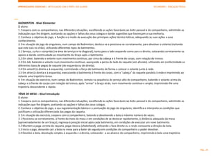 APRENDIZAGENS ESSENCIAIS | ARTICULAÇÃO COM O PERFIL DOS ALUNOS SECUNDÁRIO | EDUCAÇÃO FÍSICA)
PÁG. 29
BADMINTON - Nível Elementar
O aluno:
1. Coopera com os companheiros, nas diferentes situações, escolhendo as ações favoráveis ao êxito pessoal e do companheiro, admitindo as
indicações que lhe dirigem, aceitando as opções e falhas dos seus colegas e dando sugestões que favoreçam a sua melhoria.
2. Conhece o objetivo do jogo, a função e o modo de execução das principais ações técnico-táticas, adequando as suas ações a esse
conhecimento.
3. Em situação de jogo de singulares, num campo de Badminton, desloca-se e posiciona-se corretamente, para devolver o volante (evitando
que este caia no chão), utilizando diferentes tipos de batimentos.
3.1 Serviço, curto e comprido (na área de serviço e na diagonal), tanto para o lado esquerdo como para o direito, colocando corretamente os
apoios e dando continuidade ao movimento do braço após o batimento.
3.2 Em clear, batendo o volante num movimento contínuo, por cima da cabeça e à frente do corpo, com rotação do tronco.
3.3 Em lob, batendo o volante num movimento contínuo, avançando a perna do lado da raquete (em afundo), utilizando em conformidade os
diferentes tipos de pegas de raquete (de esquerda ou de direita).
3.4 Em amorti (à direita e à esquerda), controlando a força do batimento de forma a colocar o volante junto à rede.
3.5 Em drive (à direita e à esquerda), executando o batimento à frente do corpo, com a "cabeça" da raquete paralela à rede e imprimindo ao
volante uma trajetória tensa.
4. Em situação de exercício, num campo de Badminton, remata na sequência do serviço alto do companheiro, batendo o volante acima da
cabeça e à frente do corpo com rotação do tronco, após "armar" o braço atrás, num movimento contínuo e amplo, imprimindo-lhe uma
trajetória descendente e rápida.
TÉNIS DE MESA – Nível Introdução
O aluno:
1. Coopera com os companheiros, nas diferentes situações, escolhendo as ações favoráveis ao êxito pessoal e do companheiro, admitindo as
indicações que lhe dirigem, aceitando as opções e falhas dos seus colegas.
2. Conhece o objetivo do jogo, a sua regulamentação básica e a pontuação do jogo de singulares, identifica e interpreta as condições que
justificam a utilização diferenciada das pegas da raqueta.
3. Em situação de exercício, coopera com o companheiro, batendo e devolvendo a bola o máximo número de vezes:
3.1 Posiciona-se corretamente, à frente do meio da mesa e em condições de se deslocar rapidamente, à distância adequada da mesa
(aproximadamente de um braço), regressa à posição inicial após cada batimento, em condições de executar um novo batimento.
3.2 Mantém a pega correta da raqueta, pega clássica (shakehand), utilizando a face direita ou o revés consoante a direção da bola.
3.3 Inicia o jogo, deixando cair a bola na mesa para a bater de seguida em condições do companheiro a poder devolver.
3.4 Devolve a bola, devolução simples à esquerda e à direita, colocando - a ao alcance do companheiro, imprimindo à bola uma trajetória
 