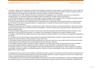 APRENDIZAGENS ESSENCIAIS | ARTICULAÇÃO COM O PERFIL DOS ALUNOS SECUNDÁRIO | EDUCAÇÃO FÍSICA)
PÁG. 33
3. Conhece o objetivo da luta (vitória por assentamento de espáduas ou pontos), a ética do lutador e as pontuações, bem como as regras das
competições simplificadas e o significado das ações e sinais de arbitragem (duração, paragem do combate e reinício do combate em pé e no
solo), adequando a sua atuação a esse conhecimento enquanto praticante, marcador e cronometrista.
4. Em situação de luta no solo, utilizando a força das suas alavancas em conjugação com os movimentos do parceiro e as manobras de
controlo/esquiva, cria e aproveita situações de vantagem nítida, executando com correção e eficácia as técnicas de:
4.1 Dupla prisão de pernas com rotação, com as mãos a agarrar a perna do defesa, junto ao joelho e junto à articulação coxo-femural onde o
ombro encosta; na rotação, as costas do atacante devem ficar nitidamente sobre o peito do defesa.
4.2 Prisão do braço por dentro com rotação pela frente (de preferência com as mãos dadas sobre as costas do defesa), o cotovelo do braço
que não efetua a chave apoia no pescoço do defesa, na rotação eleva-se o cotovelo do braço que efetua a prisão e, com o braço oposto,
bloqueia-se a cabeça do parceiro.
4.3 Dupla prisão de braços com o braço que controla junto ao ombro, se possível a empurrar a cabeça do adversário, a outra mão controla o
mesmo braço do parceiro junto ao cotovelo e durante o desequilíbrio o tronco do atacante roda, avançando o ombro e deslocando o pé do
lado da projeção para trás.
4.4 Pernas cruzadas e bloqueadas por um braço ao nível da axila e pela mão controlando a perna (do defesa) acima do tornozelo; o outro
braço agarra a coxa do defesa junto ao joelho e, na rotação o tronco acompanha o movimento com as pernas coladas no peito.
5. Consegue o assentamento de espáduas do parceiro, dando sequência às ações referidas em 4, utilizando uma das seguintes finalizações da
luta no solo:
5.1 Finalização com controlo da cabeça e braço, partindo da posição de sentado de lado, mantendo a cabeça do parceiro fixa na articulação
do braço que controla a cabeça e o braço do parceiro contra o seu tronco.
5.2 Finalização mantendo a posição inicial de dupla prisão de pernas, colocando o peso do seu corpo sobre o parceiro, pelo apoio do ombro
no ilíaco daquele (com a cabeça por fora) e pela elevação da bacia com pernas em extensão.
5.3 Finalização mantendo o controlo do braço por dentro, mantendo o seu ombro sobre o ombro do braço do parceiro que é controlado
junto ao peito, podendo modificar a pega para controlar a cabeça ou cintura do defensor ficando de frente sobre o seu tronco.
6. Em guarda a quatro, com o parceiro em posição de ataque, realiza deslocamentos em quadrupedia, em todas as direções com rapidez e
coordenação, mantendo o equilíbrio e estabilidade da guarda, anulando o controlo e desvantagem iniciais e executando com coordenação
global e ritmo, o contra-ataque:
6.1 Passagem para cima a partir de uma posição de controlado pela cintura, iniciando o movimento com prisão do braço do atacante que lhe
controla a cintura, passando da posição de guarda a quatro para sentado, apoiando-se nos pés e braço que se encontra livre, rodando sobre
o braço do atacante passando para trás dele e controlando-o pela cintura.
7. Em situação de luta em pé, mantendo a posição ofensiva base, desloca-se para manter o enquadramento, anulando a vantagem das ações
de controlo do parceiro, e procurando executar com eficácia e oportunidade as seguintes ações de controlo, provocando o desequilíbrio do
 
