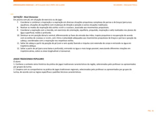 APRENDIZAGENS ESSENCIAIS | ARTICULAÇÃO COM O PERFIL DOS ALUNOS SECUNDÁRIO | EDUCAÇÃO FÍSICA)
PÁG. 36
NATAÇÃO - Nível Elementar
Em piscina com pé, em situação de exercício ou de jogo:
7. Coordenar e combinar a inspiração e a expiração em diversas situações propulsivas complexas de pernas e de braços (percursos
aquáticos, situações de equilíbrio com mudanças de direção e posição e outras situações inabituais).
8. Realizar os modos de respiração dos estilos «crol» e «costas», associado aos movimentos propulsivos.
9. Coordenar a expiração com a imersão, em exercícios de orientação, equilíbrio, propulsão, respiração e salto realizados nos planos de
água superficial, médio e profundo.
10. Deslocar-se em posição dorsal e ventral, diferenciando as fases de entrada das mãos, trajeto propulsivo e recuperação de acordo
com os estilos de «costas» e «crol», com ritmo e velocidade adequados aos movimentos propulsivos de braços e pernas e posição da
cabeça, coordenadas com a respiração nos respetivos estilos.
11. Saltar de cabeça a partir da posição de pé (com e sem ajuda) fazendo o impulso com extensão do corpo e entrando na água em
trajetória oblíqua.
12. Saltar a partir de pé (para zona baixa e profunda), entrando na água o mais longe possível, executando diferentes rotações em
trajetória aérea, sobre os eixos longitudinal e transversal.
JOGOS TRADICIONAIS POPULARES
O aluno:
1. Conhece o contexto sócio-histórico da prática de jogos tradicionais característicos da região, selecionados pelo professor ou apresentados
por grupos da turma.
2. Coopera com os companheiros na prática de jogos tradicionais regionais, selecionados pelo professor ou apresentados por grupos da
turma, de acordo com as regras específicas e padrões técnicos característicos.
 