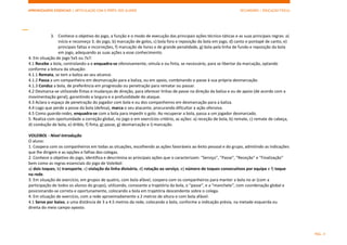 APRENDIZAGENS ESSENCIAIS | ARTICULAÇÃO COM O PERFIL DOS ALUNOS SECUNDÁRIO | EDUCAÇÃO FÍSICA)
PÁG. 4
3. Conhece o objetivo do jogo, a função e o modo de execução das principais ações técnico-táticas e as suas principais regras: a)
início e recomeço 3. do jogo, b) marcação de golos, c) bola fora e reposição da bola em jogo, d) canto e pontapé de canto, e)
principais faltas e incorreções, f) marcação de livres e de grande penalidade, g) bola pela linha de fundo e reposição da bola
em jogo, adequando as suas ações a esse conhecimento.
4. Em situação de jogo 5x5 ou 7x7:
4.1 Recebe a bola, controlando-a e enquadra-se ofensivamente; simula e ou finta, se necessário, para se libertar da marcação, optando
conforme a leitura da situação:
4.1.1 Remata, se tem a baliza ao seu alcance.
4.1.2 Passa a um companheiro em desmarcação para a baliza, ou em apoio, combinando o passe à sua própria desmarcação.
4.1.3 Conduz a bola, de preferência em progressão ou penetração para rematar ou passar.
4.2 Desmarca-se utilizando fintas e mudanças de direção, para oferecer linhas de passe na direção da baliza e ou de apoio (de acordo com a
movimentação geral), garantindo a largura e a profundidade do ataque.
4.3 Aclara o espaço de penetração do jogador com bola e ou dos companheiros em desmarcação para a baliza.
4.4 Logo que perde a posse da bola (defesa), marca o seu atacante, procurando dificultar a ação ofensiva.
4.5 Como guarda-redes, enquadra-se com a bola para impedir o golo. Ao recuperar a bola, passa a um jogador desmarcado.
5. Realiza com oportunidade a correção global, no jogo e em exercícios critério, as ações: a) receção de bola, b) remate, c) remate de cabeça,
d) condução de bola, e) drible, f) finta, g) passe, g) desmarcação e i) marcação.
VOLEIBOL - Nível Introdução
O aluno:
1. Coopera com os companheiros em todas as situações, escolhendo as ações favoráveis ao êxito pessoal e do grupo, admitindo as indicações
que lhe dirigem e as opções e falhas dos colegas.
2. Conhece o objetivo do jogo, identifica e descrimina as principais ações que o caracterizam: "Serviço", "Passe", "Receção" e "Finalização"
bem como as regras essenciais do jogo de Voleibol:
a) dois toques, b) transporte, c) violação da linha divisória, d) rotação ao serviço, e) número de toques consecutivos por equipa e f) toque
na rede.
3. Em situação de exercício, em grupos de quatro, com bola afável, coopera com os companheiros para manter a bola no ar (com a
participação de todos os alunos do grupo), utilizando, consoante a trajetória da bola, o "passe", e a "manchete", com coordenação global e
posicionando-se correta e oportunamente, colocando a bola em trajetória descendente sobre o colega.
4. Em situação de exercício, com a rede aproximadamente a 2 metros de altura e com bola afável:
4.1 Serve por baixo, a uma distância de 3 a 4.5 metros da rede, colocando a bola, conforme a indicação prévia, na metade esquerda ou
direita do meio campo oposto.
 