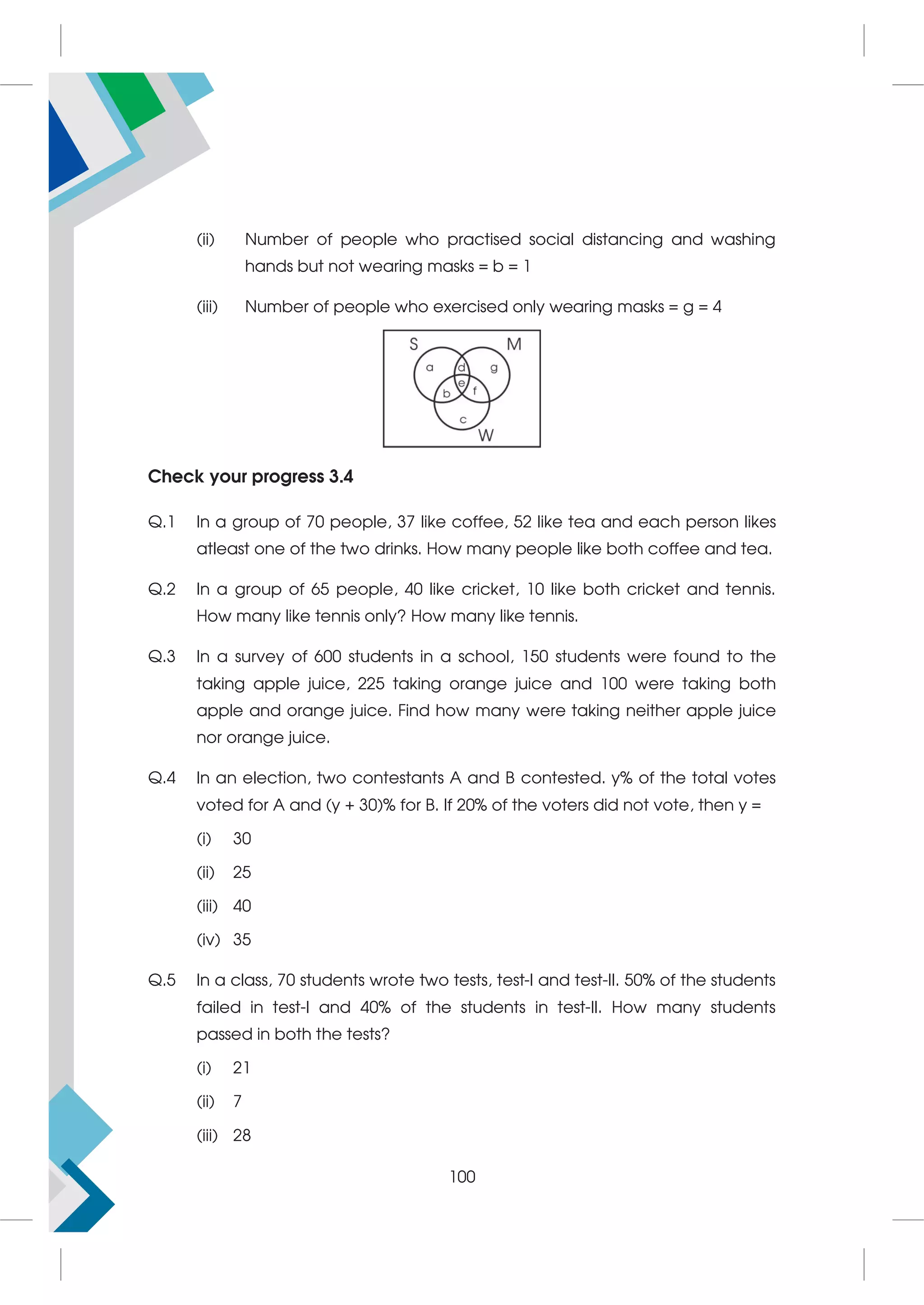 (ii) Number of people who practised social distancing and washing
hands but not wearing masks = b = 1
(iii) Number of people who exercised only wearing masks = g = 4
Check your progress 3.4
Q.1 In a group of 70 people, 37 like coffee, 52 like tea and each person likes
atleast one of the two drinks. How many people like both coffee and tea.
Q.2 In a group of 65 people, 40 like cricket, 10 like both cricket and tennis.
How many like tennis only? How many like tennis.
Q.3 In a survey of 600 students in a school, 150 students were found to the
taking apple juice, 225 taking orange juice and 100 were taking both
apple and orange juice. Find how many were taking neither apple juice
nor orange juice.
Q.4 In an election, two contestants A and B contested. y% of the total votes
voted for A and (y + 30)% for B. If 20% of the voters did not vote, then y =
(i) 30
(ii) 25
(iii) 40
(iv) 35
Q.5 In a class, 70 students wrote two tests, test-I and test-II. 50% of the students
failed in test-I and 40% of the students in test-II. How many students
passed in both the tests?
(i) 21
(ii) 7
(iii) 28
100
 