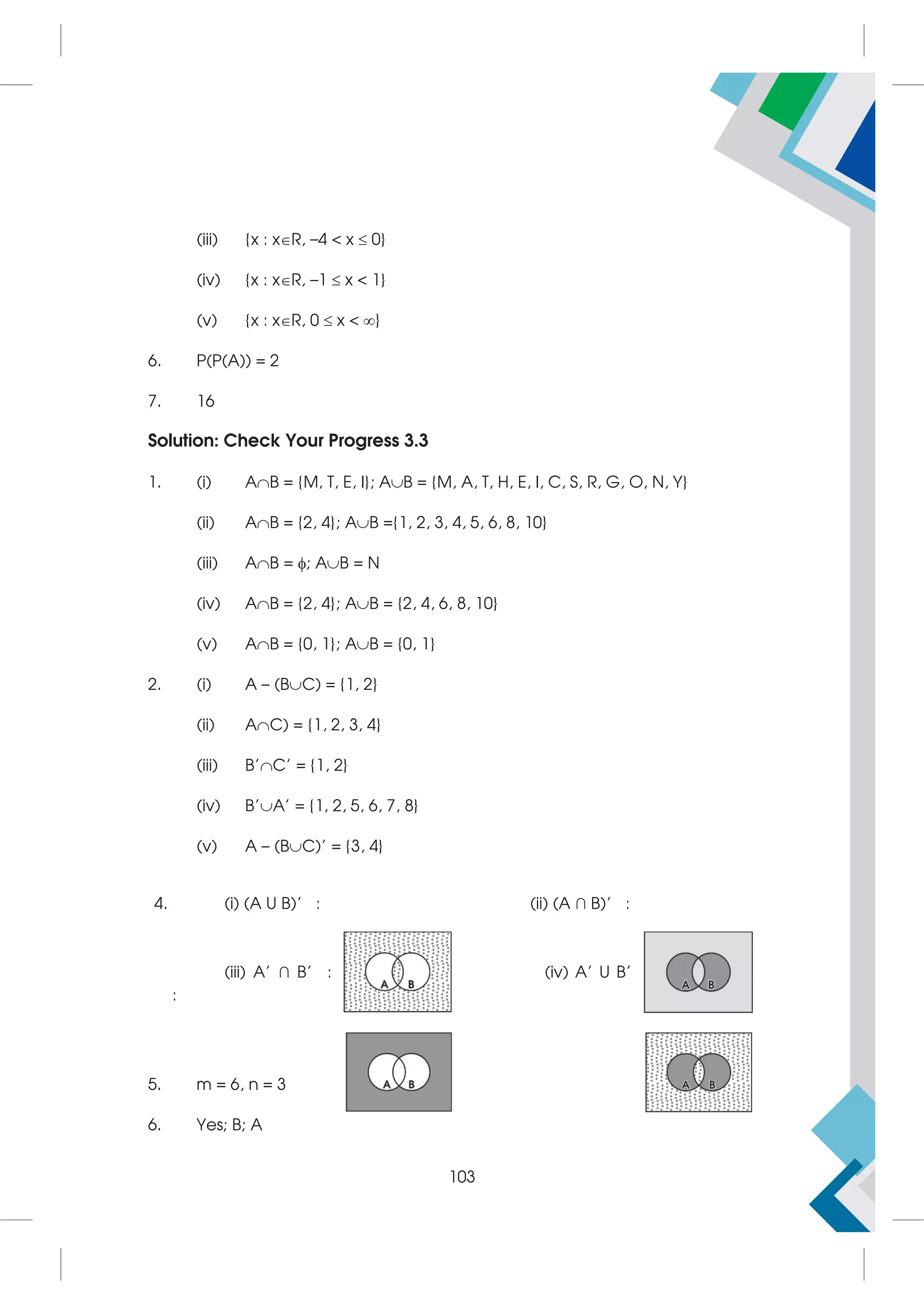 (iii) {x : xR, –4  x  0}
(iv) {x : xR, –1  x  1}
(v) {x : xR, 0  x  }
6. P(P(A)) = 2
7. 16
Solution: Check Your Progress 3.3
1. (i) AB = {M, T, E, I}; AB = {M, A, T, H, E, I, C, S, R, G, O, N, Y}
(ii) AB = {2, 4}; AB ={1, 2, 3, 4, 5, 6, 8, 10}
(iii) AB = ; AB = N
(iv) AB = {2, 4}; AB = {2, 4, 6, 8, 10}
(v) AB = {0, 1}; AB = {0, 1}
2. (i) A – (BC) = {1, 2}
(ii) AC) = {1, 2, 3, 4}
(iii) B'C' = {1, 2}
(iv) B'A' = {1, 2, 5, 6, 7, 8}
(v) A – (BC)' = {3, 4}
4. (i) (A U B)’ : (ii) (A ∩ B)’ :
(iii) A’ ∩ B’ : (iv) A’ U B’
:
5. m = 6, n = 3
6. Yes; B; A
103
 