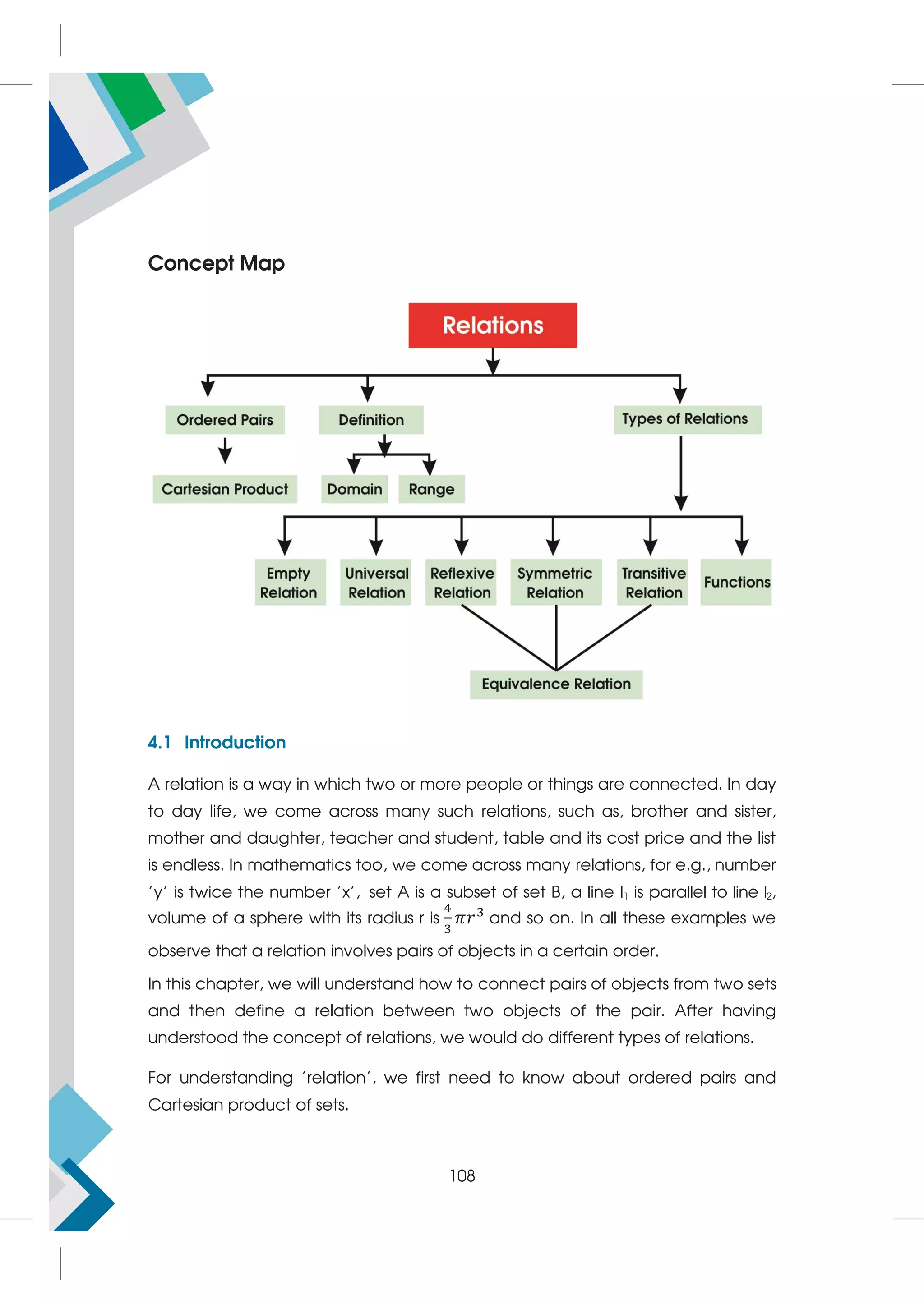 Concept Map
4.1 Introduction
A relation is a way in which two or more people or things are connected. In day
to day life, we come across many such relations, such as, brother and sister,
mother and daughter, teacher and student, table and its cost price and the list
is endless. In mathematics too, we come across many relations, for e.g., number
'y' is twice the number 'x', set A is a subset of set B, a line l1 is parallel to line l2,
volume of a sphere with its radius r is 𝜋𝑟 and so on. In all these examples we
observe that a relation involves pairs of objects in a certain order.
In this chapter, we will understand how to connect pairs of objects from two sets
and then define a relation between two objects of the pair. After having
understood the concept of relations, we would do different types of relations.
For understanding 'relation', we first need to know about ordered pairs and
Cartesian product of sets.
108
 