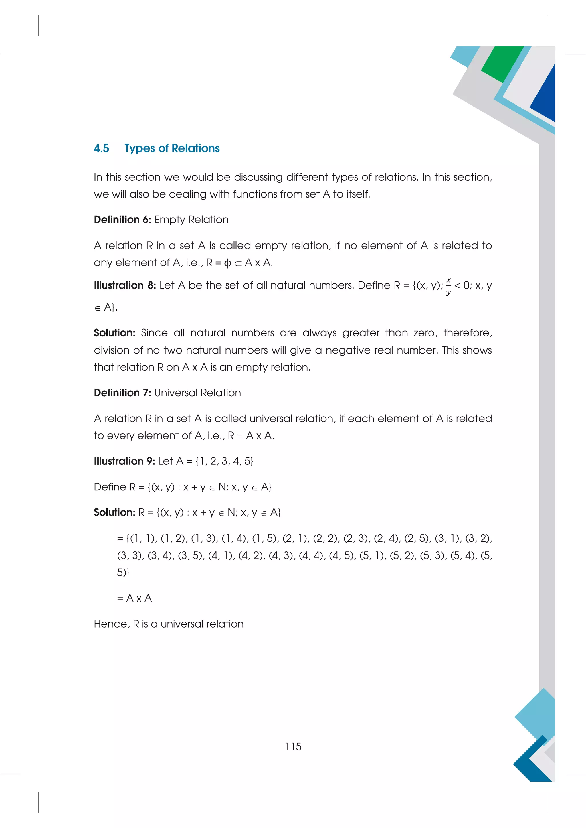 4.5 Types of Relations
In this section we would be discussing different types of relations. In this section,
we will also be dealing with functions from set A to itself.
Definition 6: Empty Relation
A relation R in a set A is called empty relation, if no element of A is related to
any element of A, i.e., R = ϕ A x A.
Illustration 8: Let A be the set of all natural numbers. Define R = {(x, y);  0; x, y
 A}.
Solution: Since all natural numbers are always greater than zero, therefore,
division of no two natural numbers will give a negative real number. This shows
that relation R on A x A is an empty relation.
Definition 7: Universal Relation
A relation R in a set A is called universal relation, if each element of A is related
to every element of A, i.e., R = A x A.
Illustration 9: Let A = {1, 2, 3, 4, 5}
Define R = {(x, y) : x + y  N; x, y  A}
Solution: R = {(x, y) : x + y  N; x, y  A}
= {(1, 1), (1, 2), (1, 3), (1, 4), (1, 5), (2, 1), (2, 2), (2, 3), (2, 4), (2, 5), (3, 1), (3, 2),
(3, 3), (3, 4), (3, 5), (4, 1), (4, 2), (4, 3), (4, 4), (4, 5), (5, 1), (5, 2), (5, 3), (5, 4), (5,
5)}
= A x A
Hence, R is a universal relation
115
 