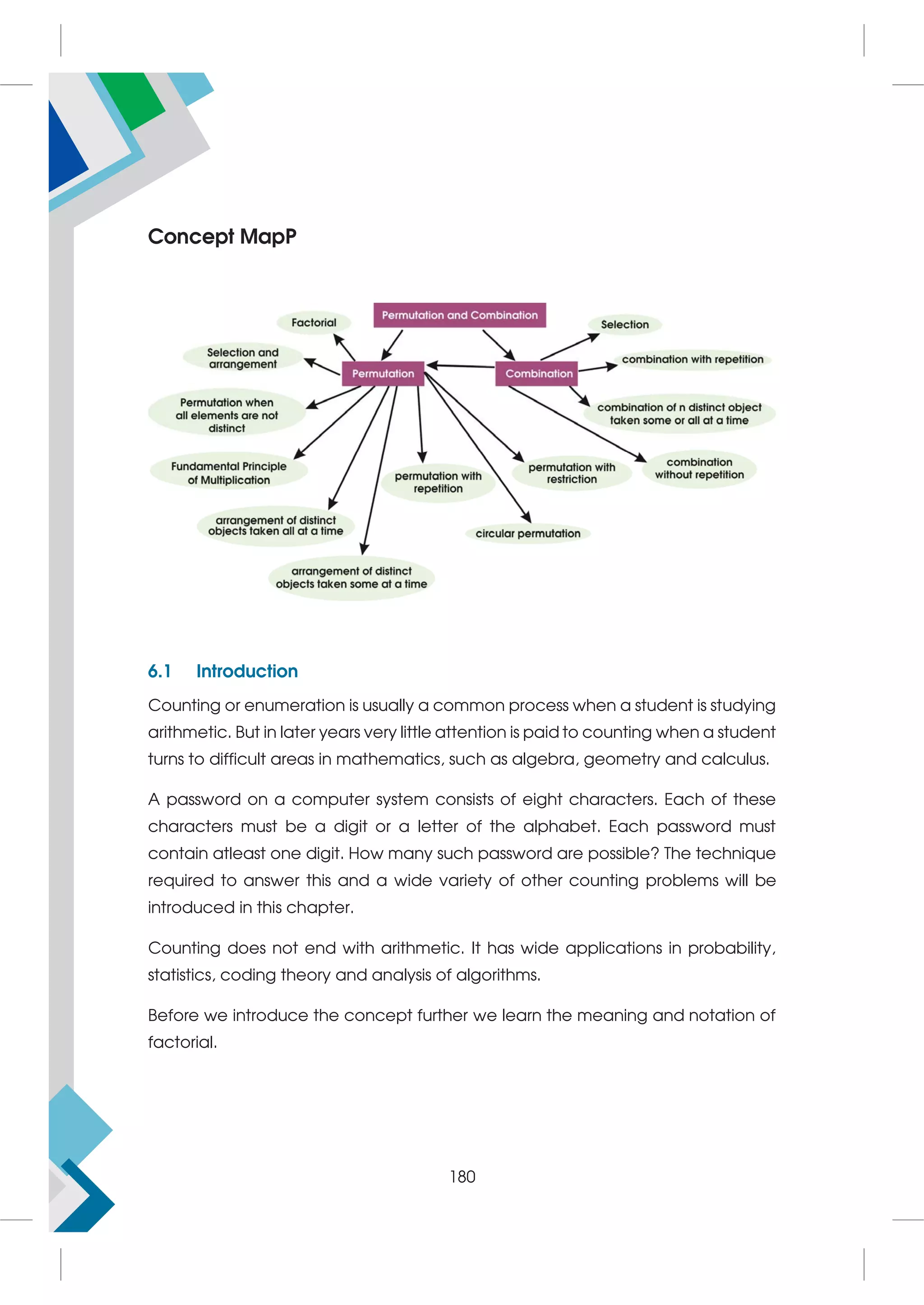 Concept MapP
6.1 Introduction
Counting or enumeration is usually a common process when a student is studying
arithmetic. But in later years very little attention is paid to counting when a student
turns to difficult areas in mathematics, such as algebra, geometry and calculus.
A password on a computer system consists of eight characters. Each of these
characters must be a digit or a letter of the alphabet. Each password must
contain atleast one digit. How many such password are possible? The technique
required to answer this and a wide variety of other counting problems will be
introduced in this chapter.
Counting does not end with arithmetic. It has wide applications in probability,
statistics, coding theory and analysis of algorithms.
Before we introduce the concept further we learn the meaning and notation of
factorial.
180
 