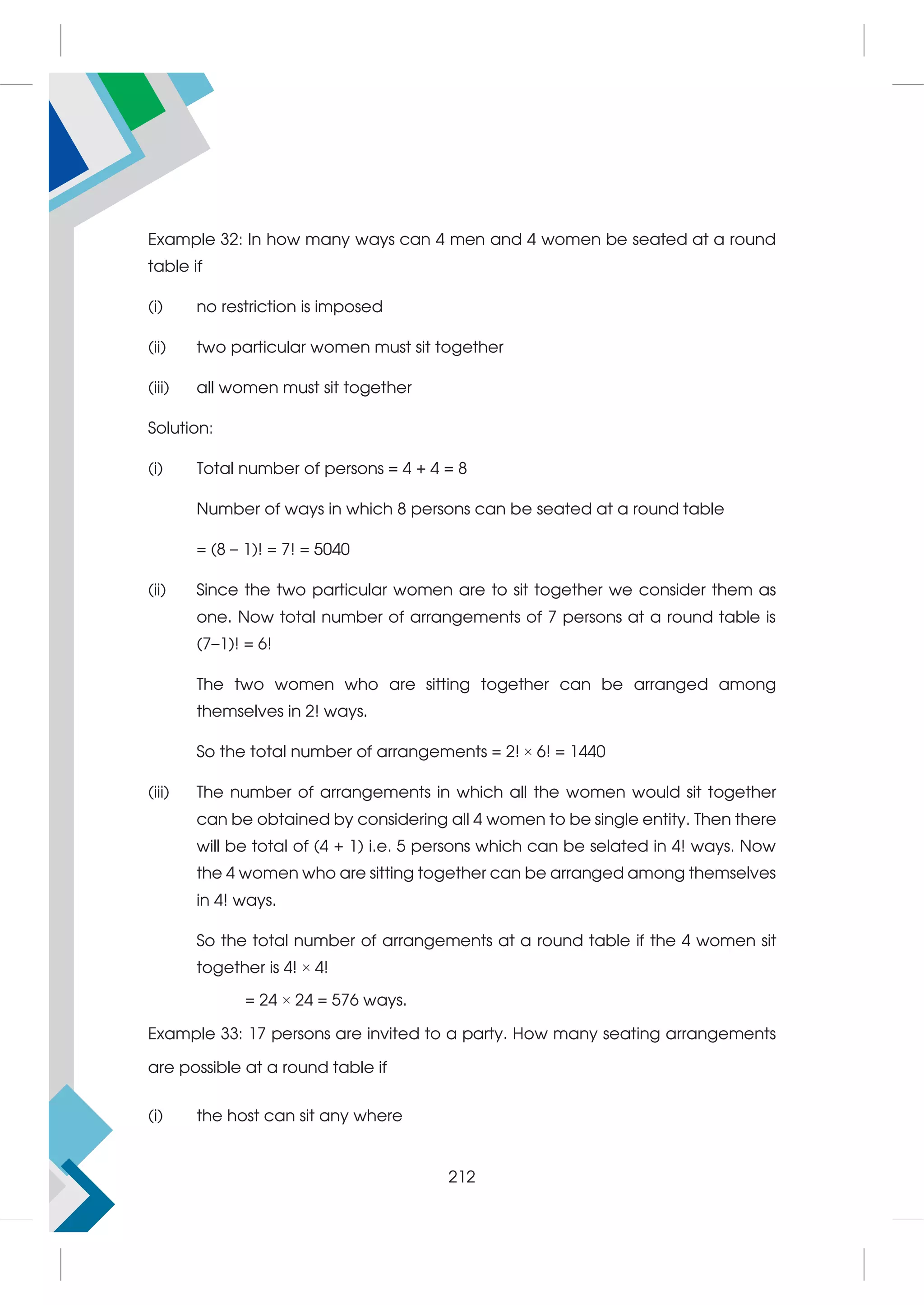 Example 32: In how many ways can 4 men and 4 women be seated at a round
table if
(i) no restriction is imposed
(ii) two particular women must sit together
(iii) all women must sit together
Solution:
(i) Total number of persons = 4 + 4 = 8
Number of ways in which 8 persons can be seated at a round table
= (8 – 1)! = 7! = 5040
(ii) Since the two particular women are to sit together we consider them as
one. Now total number of arrangements of 7 persons at a round table is
(7–1)! = 6!
The two women who are sitting together can be arranged among
themselves in 2! ways.
So the total number of arrangements = 2! × 6! = 1440
(iii) The number of arrangements in which all the women would sit together
can be obtained by considering all 4 women to be single entity. Then there
will be total of (4 + 1) i.e. 5 persons which can be selated in 4! ways. Now
the 4 women who are sitting together can be arranged among themselves
in 4! ways.
So the total number of arrangements at a round table if the 4 women sit
together is 4! × 4!
= 24 × 24 = 576 ways.
Example 33: 17 persons are invited to a party. How many seating arrangements
are possible at a round table if
(i) the host can sit any where
212
 