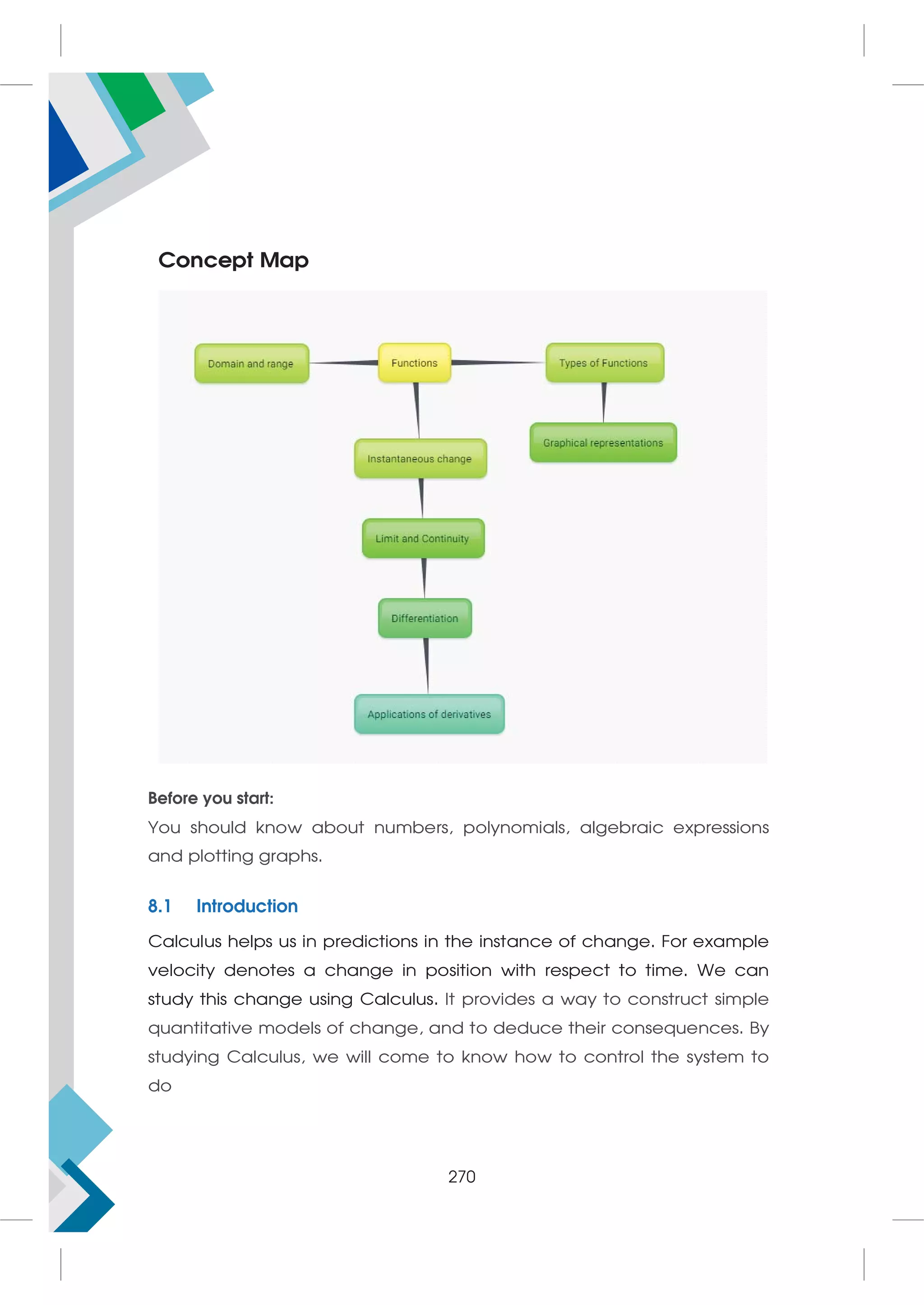 Concept Map
Before you start:
You should know about numbers, polynomials, algebraic expressions
and plotting graphs.
8.1 Introduction
Calculus helps us in predictions in the instance of change. For example
velocity denotes a change in position with respect to time. We can
study this change using Calculus. It provides a way to construct simple
quantitative models of change, and to deduce their consequences. By
studying Calculus, we will come to know how to control the system to
do
270
 