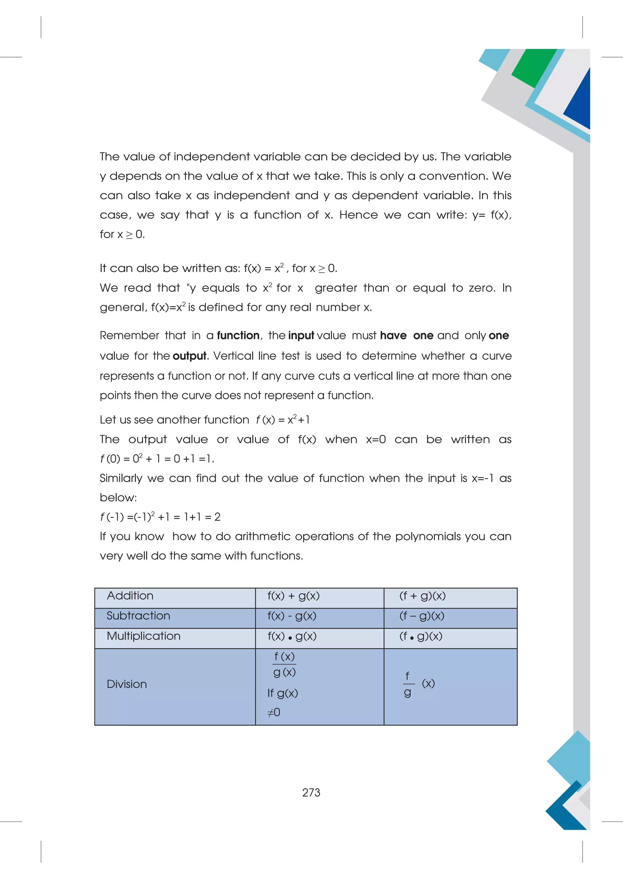 The value of independent variable can be decided by us. The variable
y depends on the value of x that we take. This is only a convention. We
can also take x as independent and y as dependent variable. In this
case, we say that y is a function of x. Hence we can write: y= f(x),
for x ≥ 0.
It can also be written as: f(x) = x2
, for x ≥ 0.
We read that y equals to x2
for x greater than or equal to zero. In
general, f(x)=x2
is defined for any real number x.
Remember that in a function, the input value must have one and only one
value for the output. Vertical line test is used to determine whether a curve
represents a function or not. If any curve cuts a vertical line at more than one
points then the curve does not represent a function.
Let us see another function f (x) = x2
+1
The output value or value of f(x) when x=0 can be written as
f (0) = 02
+ 1 = 0 +1 =1.
Similarly we can find out the value of function when the input is x=-1 as
below:
f (-1) =(-1)2
+1 = 1+1 = 2
If you know how to do arithmetic operations of the polynomials you can
very well do the same with functions.
Addition f(x) + g(x) (f + g)(x)
Subtraction f(x) - g(x) (f – g)(x)
Multiplication f(x)  g(x) (f  g)(x)
Division
f (x)
g (x)
If g(x)
≠0
f
(x)
g
273
 