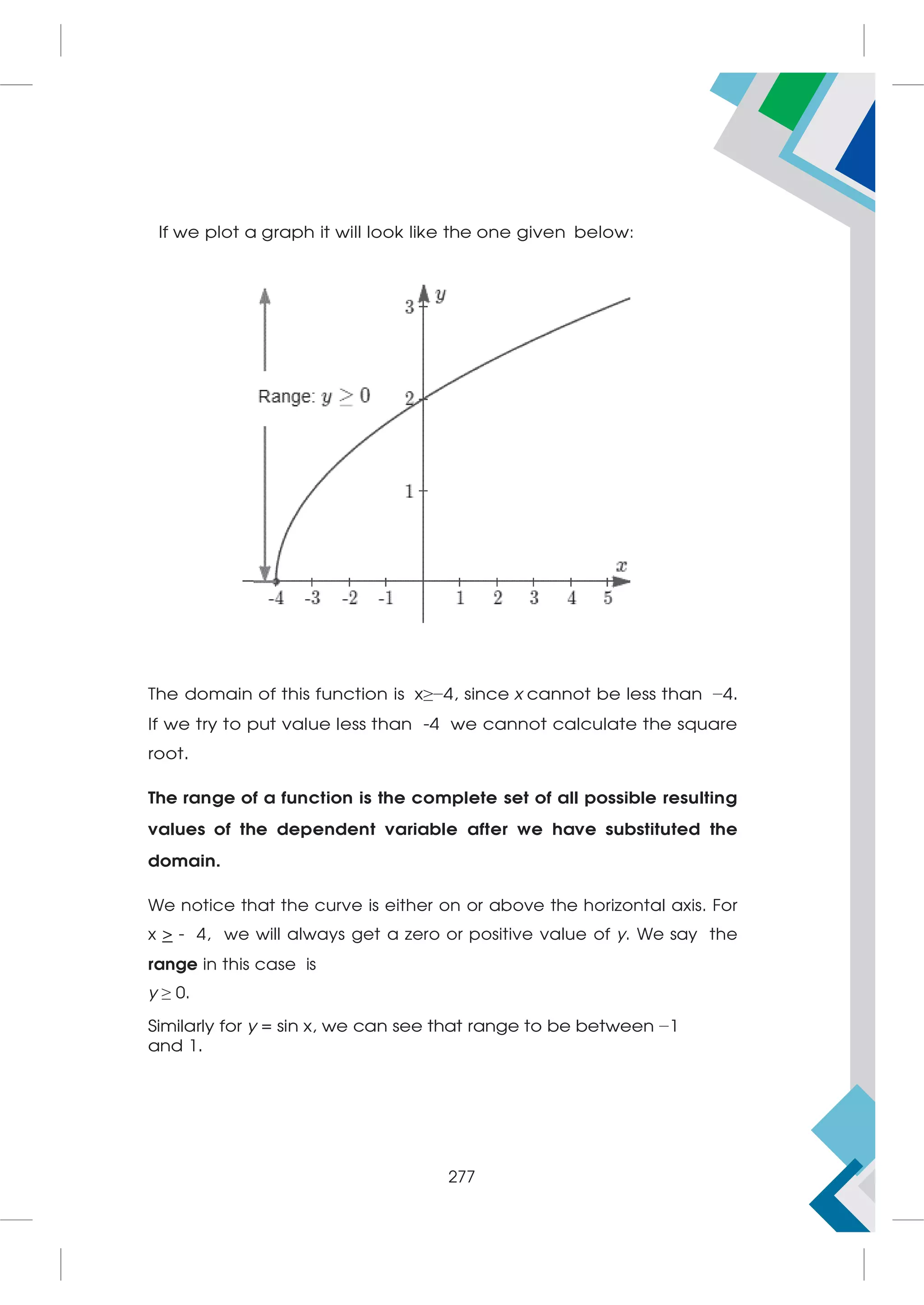 If we plot a graph it will look like the one given below:
The domain of this function is x≥−4, since x cannot be less than −4.
If we try to put value less than -4 we cannot calculate the square
root.
The range of a function is the complete set of all possible resulting
values of the dependent variable after we have substituted the
domain.
We notice that the curve is either on or above the horizontal axis. For
x  - 4, we will always get a zero or positive value of y. We say the
range in this case is
y ≥ 0.
Similarly for y = sin x, we can see that range to be between −1
and 1.
277
 