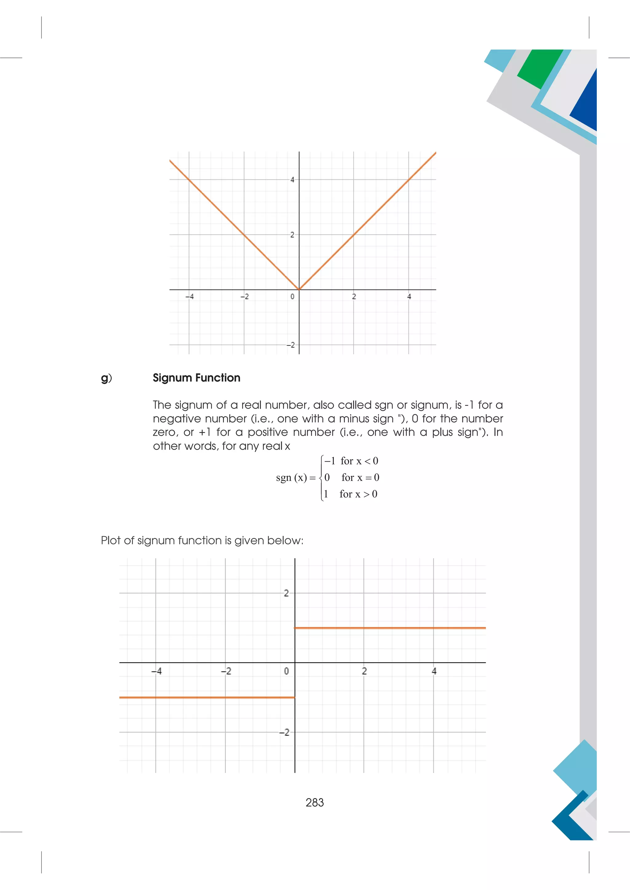 g) Signum Function
The signum of a real number, also called sgn or signum, is -1 for a
negative number (i.e., one with a minus sign ), 0 for the number
zero, or +1 for a positive number (i.e., one with a plus sign). In
other words, for any real x
sgn (x) 
1 for x 0
0 for x 0
1 for x 0
 




 

Plot of signum function is given below:
283
 