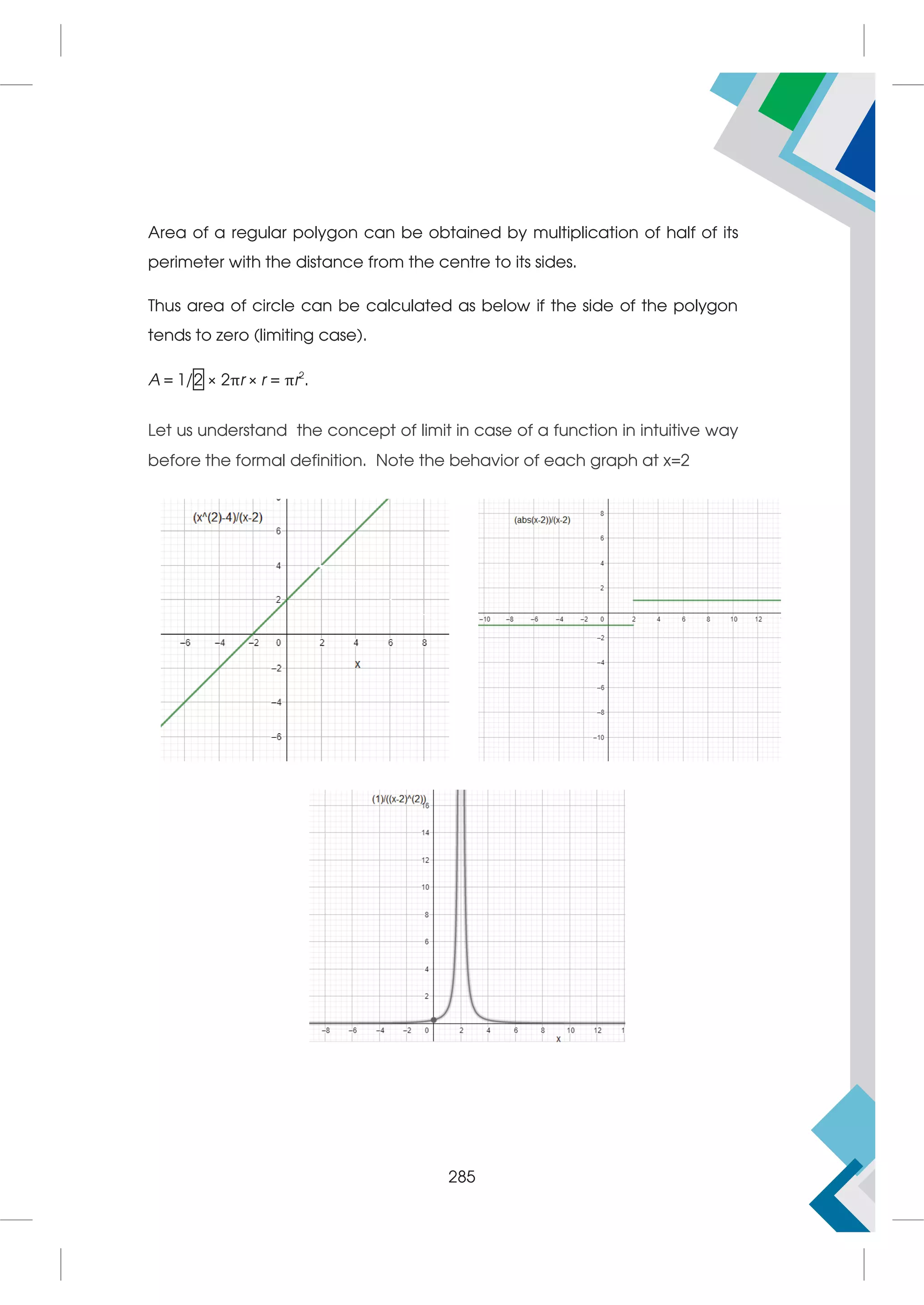 Area of a regular polygon can be obtained by multiplication of half of its
perimeter with the distance from the centre to its sides.
Thus area of circle can be calculated as below if the side of the polygon
tends to zero (limiting case).
A = 1/2 × 2πr × r = πr2
.
Let us understand the concept of limit in case of a function in intuitive way
before the formal definition. Note the behavior of each graph at x=2
285
 