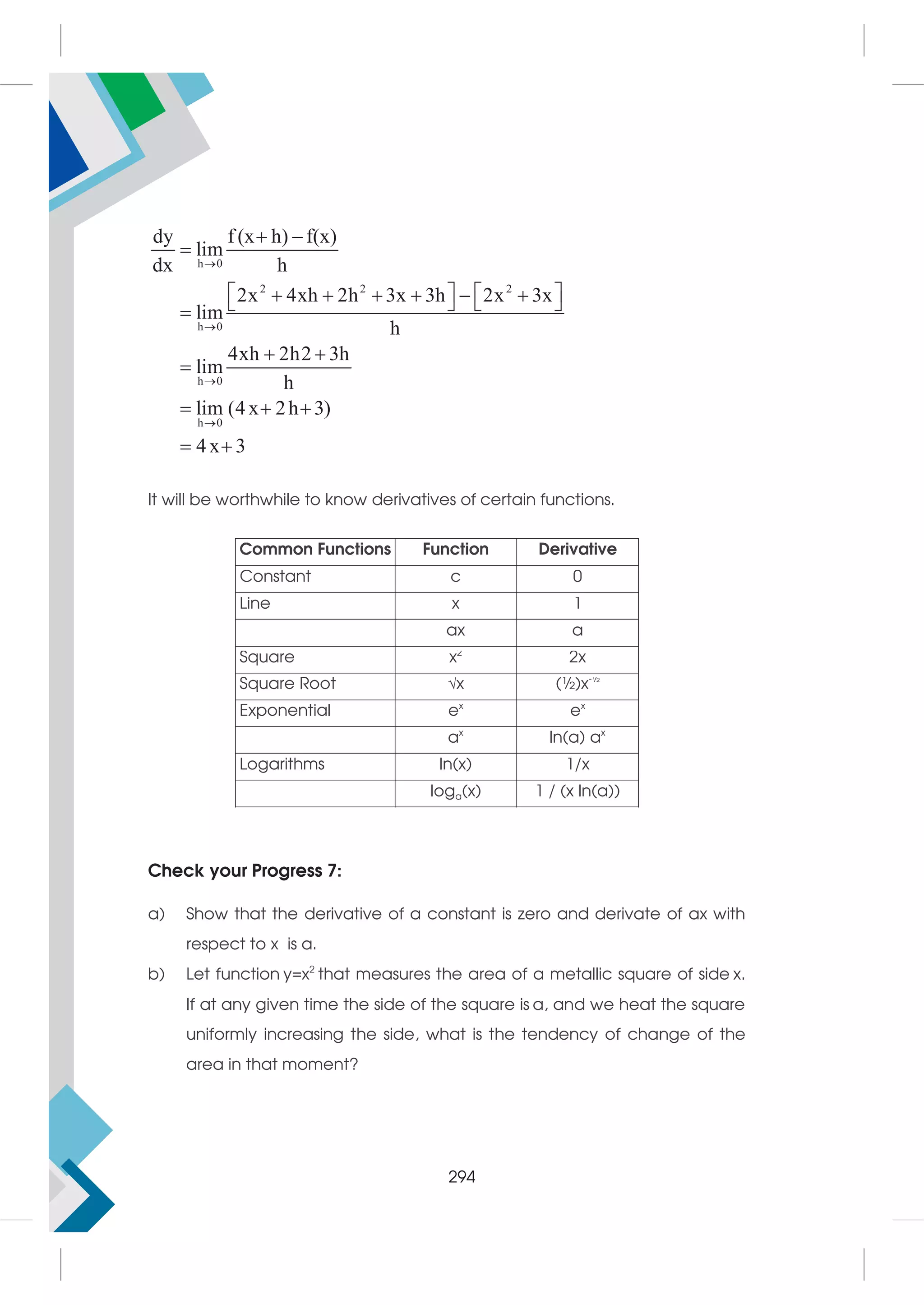 h 0
2 2 2
h 0
h 0
h 0
dy f (x h) f(x)
lim
dx h
2x 4xh 2h 3x 3h 2x 3x
lim
h
4xh 2h2 3h
lim
h
lim (4 x 2h 3)
4 x 3




 

   
     
   

 

  
 
It will be worthwhile to know derivatives of certain functions.
Common Functions Function Derivative
Constant c 0
Line x 1
ax a
Square x2
2x
Square Root √x (½)x-½
Exponential ex
ex
ax
ln(a) ax
Logarithms ln(x) 1/x
loga(x) 1 / (x ln(a))
Check your Progress 7:
a) Show that the derivative of a constant is zero and derivate of ax with
respect to x is a.
b) Let function y=x2
that measures the area of a metallic square of side x.
If at any given time the side of the square is a, and we heat the square
uniformly increasing the side, what is the tendency of change of the
area in that moment?
294
 