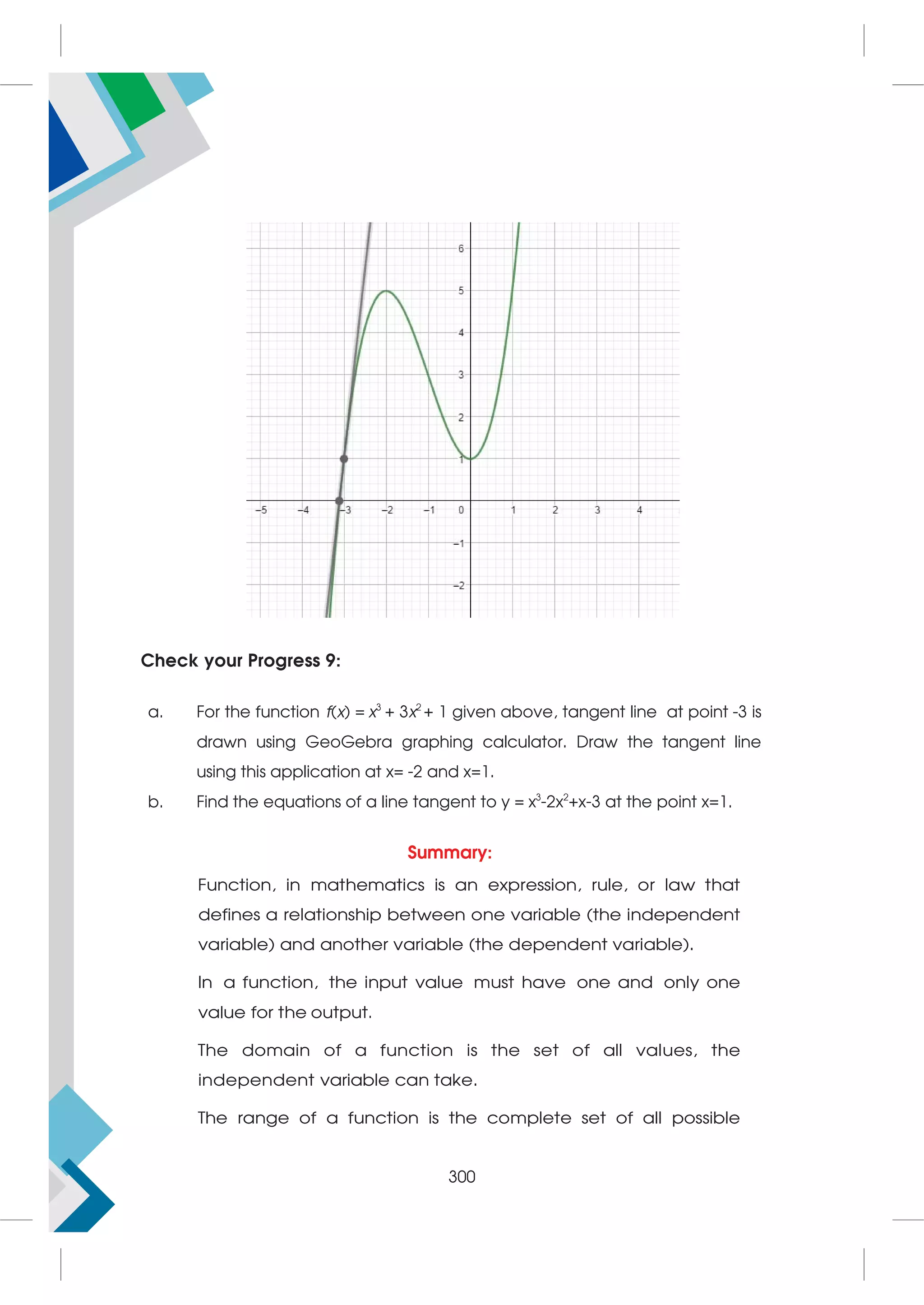 Check your Progress 9:
a. For the function f(x) = x3
+ 3x2
+ 1 given above, tangent line at point -3 is
drawn using GeoGebra graphing calculator. Draw the tangent line
using this application at x= -2 and x=1.
b. Find the equations of a line tangent to y = x3
-2x2
+x-3 at the point x=1.
Summary:
Function, in mathematics is an expression, rule, or law that
defines a relationship between one variable (the independent
variable) and another variable (the dependent variable).
In a function, the input value must have one and only one
value for the output.
The domain of a function is the set of all values, the
independent variable can take.
The range of a function is the complete set of all possible
300
 