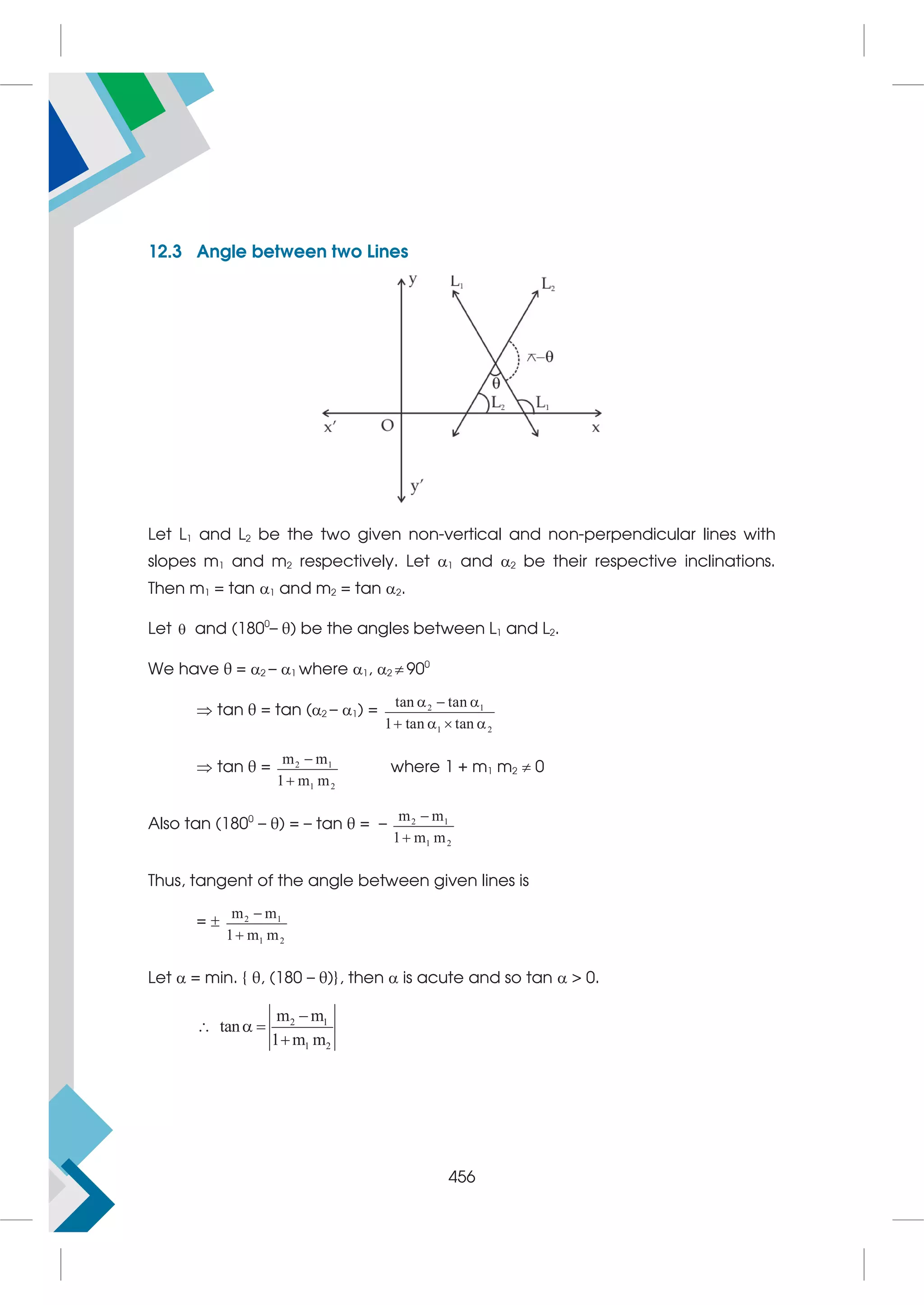12.3 Angle between two Lines
Let L1 and L2 be the two given non-vertical and non-perpendicular lines with
slopes m1 and m2 respectively. Let 1 and 2 be their respective inclinations.
Then m1 = tan 1 and m2 = tan 2.
Let  and (1800
– θ) be the angles between L1 and L2.
We have θ = 2 – 1 where 1, 2  900
 tan θ = tan (2 – 1) =
tan tan
1 tan tan
 
 
  
   
 tan θ = 2 1
1 2
m m
1 m m


where 1 + m1 m2  0
Also tan (1800
– θ) = – tan θ = – 2 1
1 2
m m
1 m m


Thus, tangent of the angle between given lines is
=  2 1
1 2
m m
1 m m


Let  = min. { θ, (180 – θ)}, then  is acute and so tan   0.
2 1
1 2
m m
tan
1 m m

  

456
 