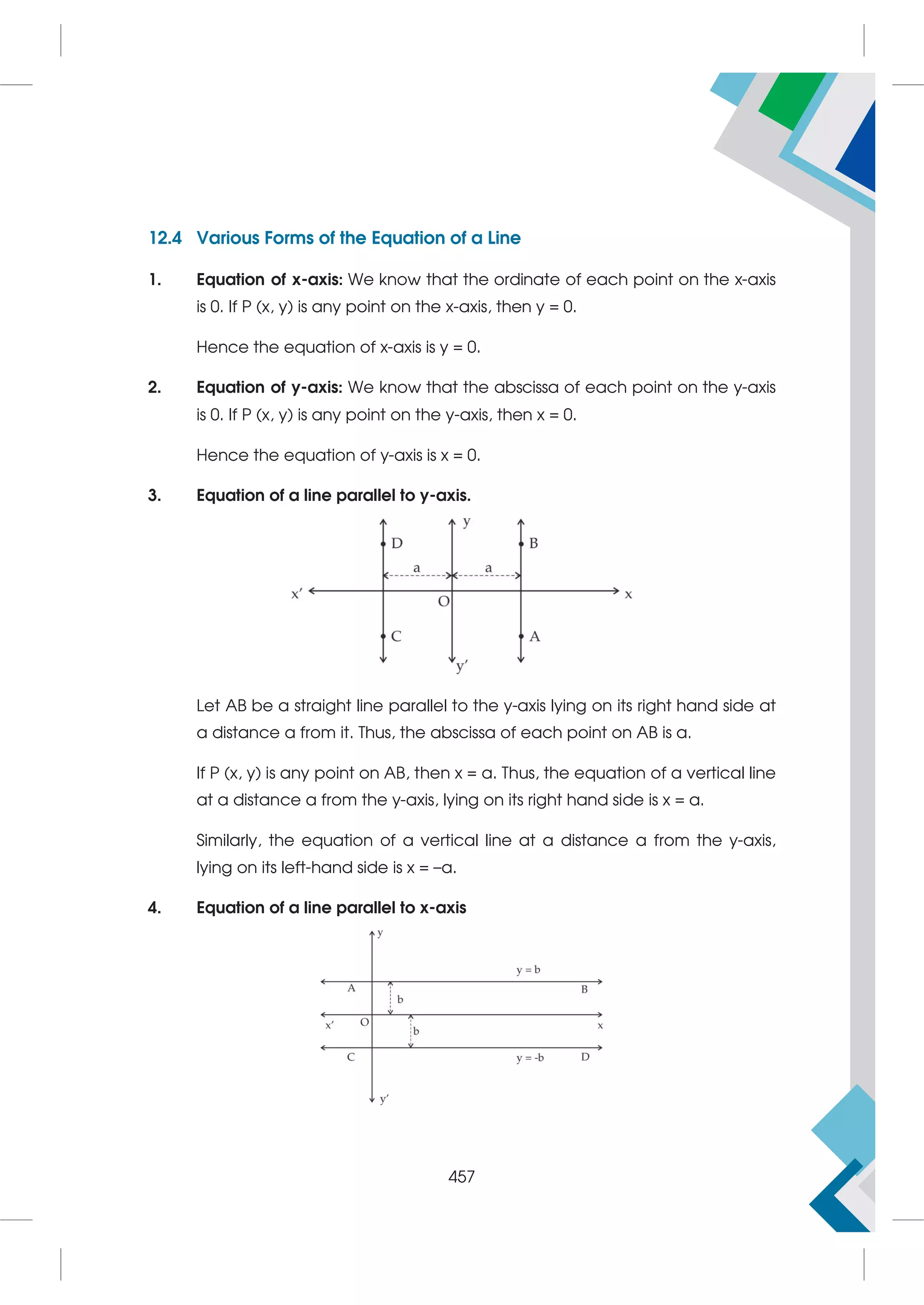 12.4 Various Forms of the Equation of a Line
1. Equation of x-axis: We know that the ordinate of each point on the x-axis
is 0. If P (x, y) is any point on the x-axis, then y = 0.
Hence the equation of x-axis is y = 0.
2. Equation of y-axis: We know that the abscissa of each point on the y-axis
is 0. If P (x, y) is any point on the y-axis, then x = 0.
Hence the equation of y-axis is x = 0.
3. Equation of a line parallel to y-axis.
Let AB be a straight line parallel to the y-axis lying on its right hand side at
a distance a from it. Thus, the abscissa of each point on AB is a.
If P (x, y) is any point on AB, then x = a. Thus, the equation of a vertical line
at a distance a from the y-axis, lying on its right hand side is x = a.
Similarly, the equation of a vertical line at a distance a from the y-axis,
lying on its left-hand side is x = –a.
4. Equation of a line parallel to x-axis
457
 