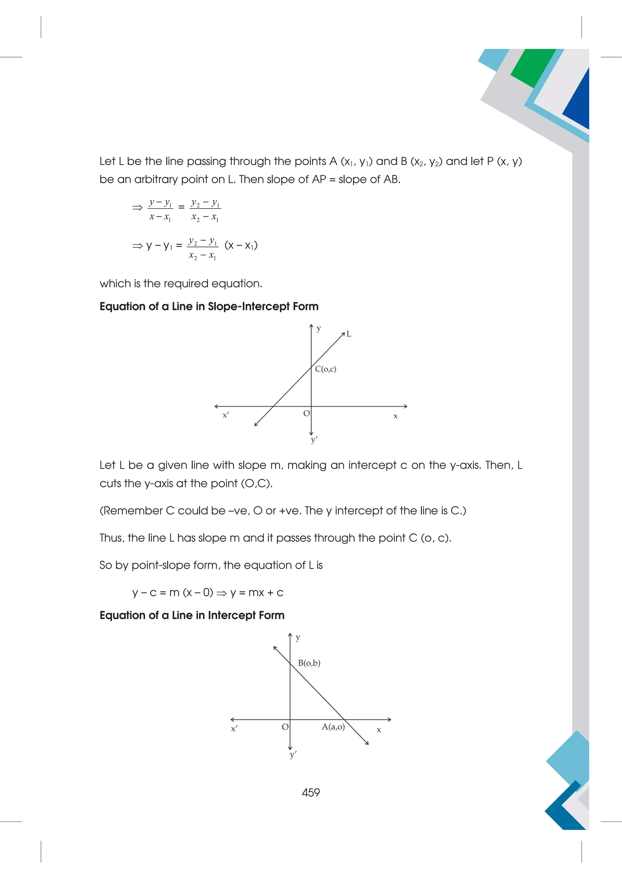 Let L be the line passing through the points A (x1, y1) and B (x2, y2) and let P (x, y)
be an arbitrary point on L. Then slope of AP = slope of AB.
 1
1
y y
x x


= 2 1
2 1


y y
x x
 y – y1 = 2 1
2 1
y y
x x


(x – x1)
which is the required equation.
Equation of a Line in Slope-Intercept Form
Let L be a given line with slope m, making an intercept c on the y-axis. Then, L
cuts the y-axis at the point (O,C).
(Remember C could be –ve, O or +ve. The y intercept of the line is C.)
Thus, the line L has slope m and it passes through the point C (o, c).
So by point-slope form, the equation of L is
y – c = m (x – 0)  y = mx + c
Equation of a Line in Intercept Form
459
 