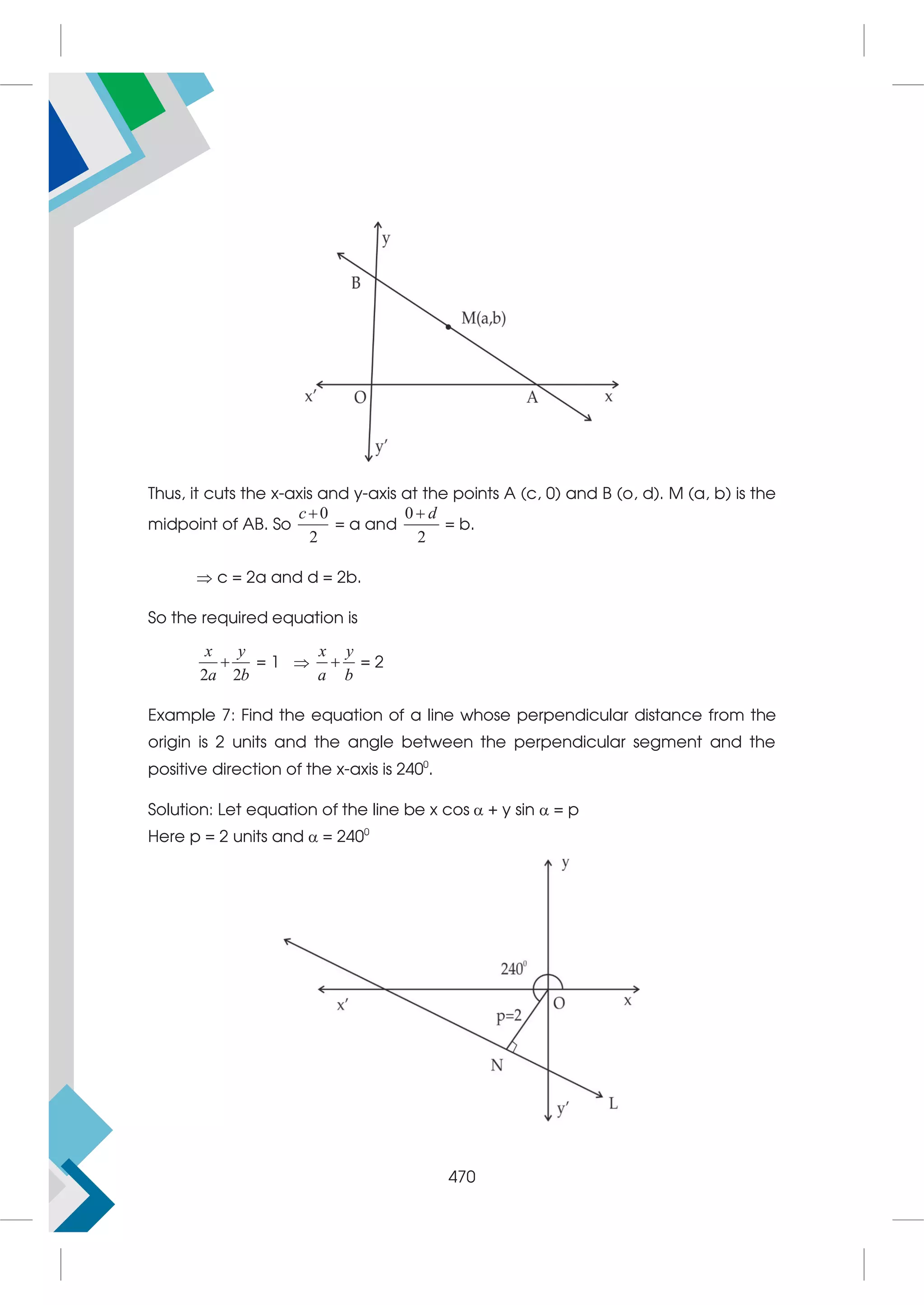 Thus, it cuts the x-axis and y-axis at the points A (c, 0) and B (o, d). M (a, b) is the
midpoint of AB. So
0
2
c
= a and
0
2
d

= b.
 c = 2a and d = 2b.
So the required equation is
2 2
x y
a b
 = 1 
x y
a b
 = 2
Example 7: Find the equation of a line whose perpendicular distance from the
origin is 2 units and the angle between the perpendicular segment and the
positive direction of the x-axis is 2400
.
Solution: Let equation of the line be x cos  + y sin  = p
Here p = 2 units and  = 2400
470
 