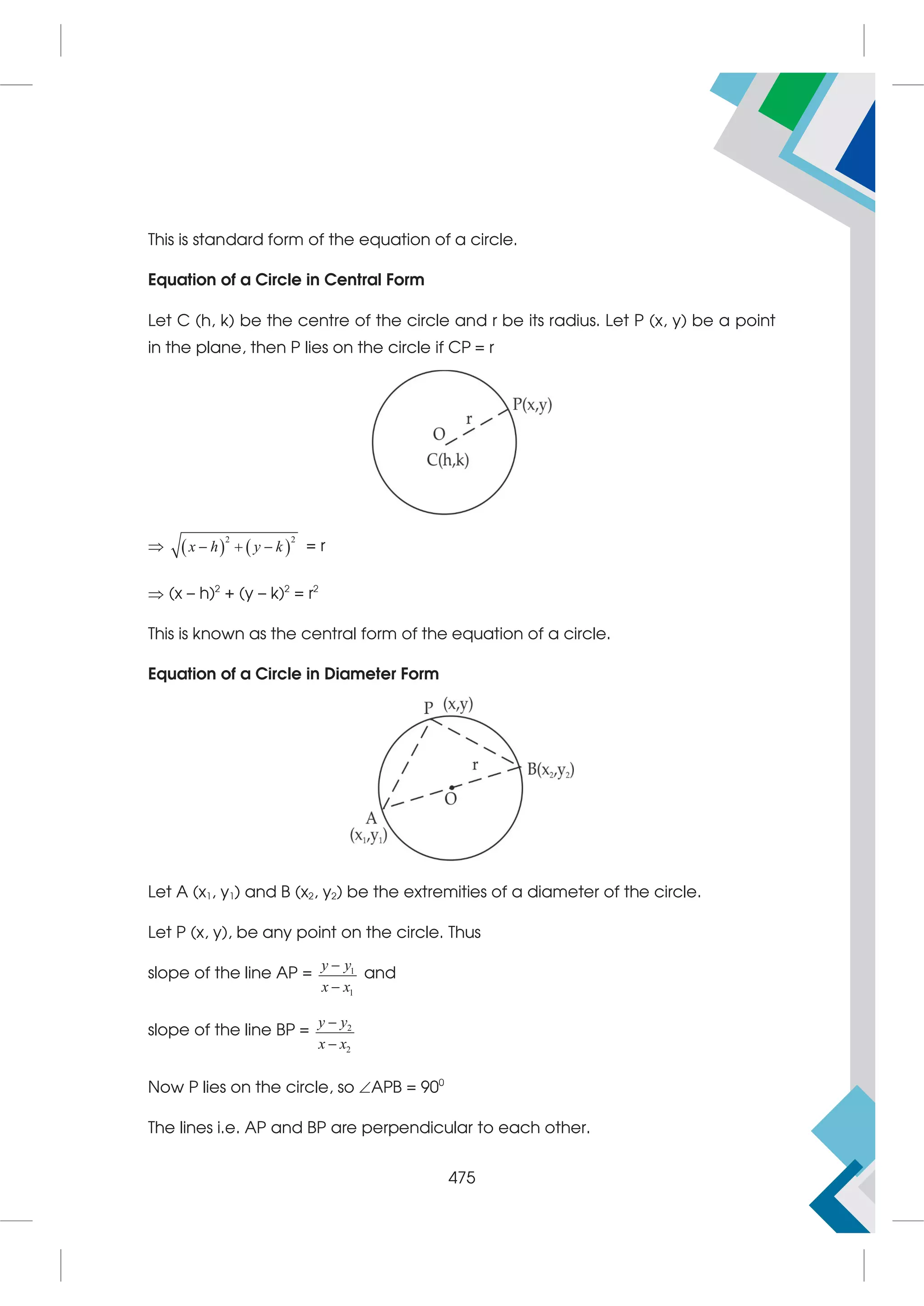 This is standard form of the equation of a circle.
Equation of a Circle in Central Form
Let C (h, k) be the centre of the circle and r be its radius. Let P (x, y) be a point
in the plane, then P lies on the circle if CP = r
    
2 2
x h y k
   = r
 (x – h)2
+ (y – k)2
= r2
This is known as the central form of the equation of a circle.
Equation of a Circle in Diameter Form
Let A (x1, y1) and B (x2, y2) be the extremities of a diameter of the circle.
Let P (x, y), be any point on the circle. Thus
slope of the line AP = 1
1
y y
x x


and
slope of the line BP = 2
2
y y
x x


Now P lies on the circle, so APB = 900
The lines i.e. AP and BP are perpendicular to each other.
475
 