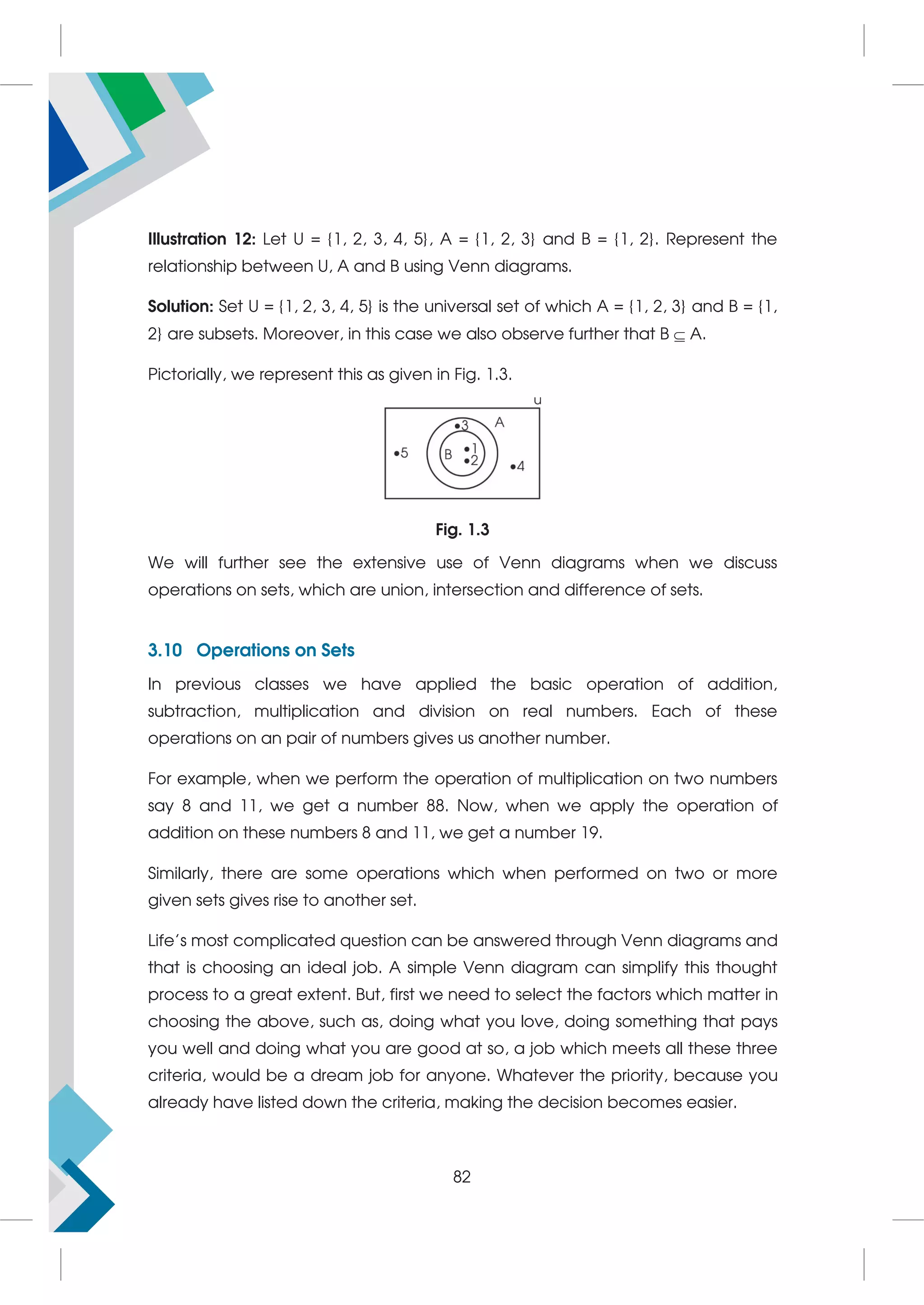 Illustration 12: Let U = {1, 2, 3, 4, 5}, A = {1, 2, 3} and B = {1, 2}. Represent the
relationship between U, A and B using Venn diagrams.
Solution: Set U = {1, 2, 3, 4, 5} is the universal set of which A = {1, 2, 3} and B = {1,
2} are subsets. Moreover, in this case we also observe further that B  A.
Pictorially, we represent this as given in Fig. 1.3.
Fig. 1.3
We will further see the extensive use of Venn diagrams when we discuss
operations on sets, which are union, intersection and difference of sets.
3.10 Operations on Sets
In previous classes we have applied the basic operation of addition,
subtraction, multiplication and division on real numbers. Each of these
operations on an pair of numbers gives us another number.
For example, when we perform the operation of multiplication on two numbers
say 8 and 11, we get a number 88. Now, when we apply the operation of
addition on these numbers 8 and 11, we get a number 19.
Similarly, there are some operations which when performed on two or more
given sets gives rise to another set.
Life’s most complicated question can be answered through Venn diagrams and
that is choosing an ideal job. A simple Venn diagram can simplify this thought
process to a great extent. But, first we need to select the factors which matter in
choosing the above, such as, doing what you love, doing something that pays
you well and doing what you are good at so, a job which meets all these three
criteria, would be a dream job for anyone. Whatever the priority, because you
already have listed down the criteria, making the decision becomes easier.
82
 