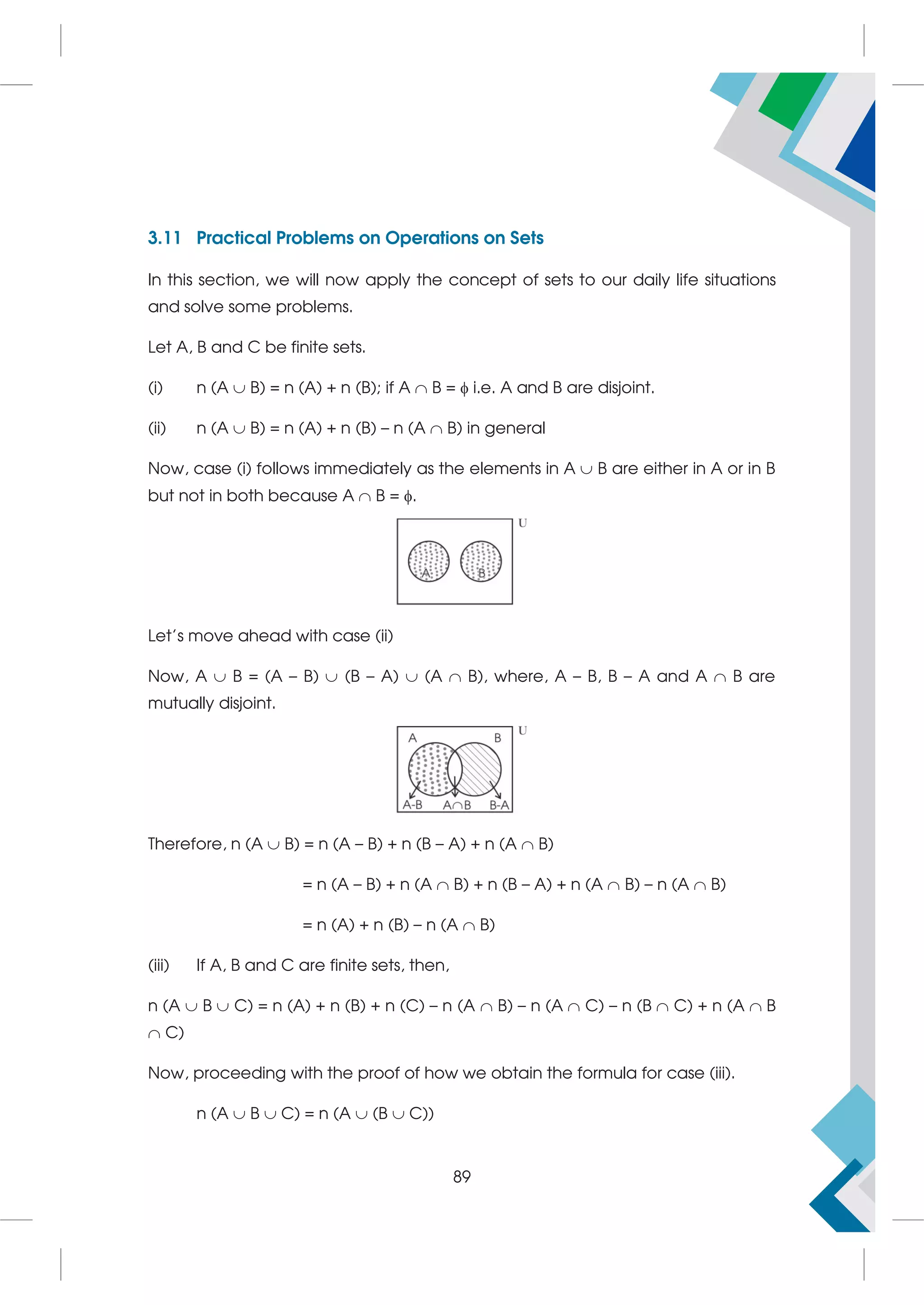 3.11 Practical Problems on Operations on Sets
In this section, we will now apply the concept of sets to our daily life situations
and solve some problems.
Let A, B and C be finite sets.
(i) n (A  B) = n (A) + n (B); if A  B =  i.e. A and B are disjoint.
(ii) n (A  B) = n (A) + n (B) – n (A  B) in general
Now, case (i) follows immediately as the elements in A  B are either in A or in B
but not in both because A  B = .
Let's move ahead with case (ii)
Now, A  B = (A – B)  (B – A)  (A  B), where, A – B, B – A and A  B are
mutually disjoint.
Therefore, n (A  B) = n (A – B) + n (B – A) + n (A  B)
= n (A – B) + n (A  B) + n (B – A) + n (A  B) – n (A  B)
= n (A) + n (B) – n (A  B)
(iii) If A, B and C are finite sets, then,
n (A  B  C) = n (A) + n (B) + n (C) – n (A  B) – n (A  C) – n (B  C) + n (A  B
 C)
Now, proceeding with the proof of how we obtain the formula for case (iii).
n (A  B  C) = n (A  (B  C))
89
 
