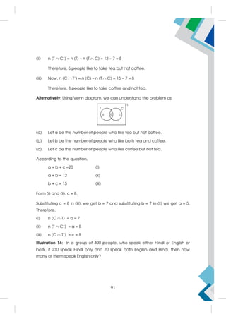 (ii) n (T  C') = n (T) – n (T  C) = 12 – 7 = 5
Therefore, 5 people like to take tea but not coffee.
(iii) Now, n (C  T') = n (C) – n (T  C) = 15 – 7 = 8
Therefore, 8 people like to take coffee and not tea.
Alternatively: Using Venn diagram, we can understand the problem as:
(a) Let a be the number of people who like tea but not coffee.
(b) Let b be the number of people who like both tea and coffee.
(c) Let c be the number of people who like coffee but not tea.
According to the question,
a + b + c =20 (i)
a + b = 12 (ii)
b + c = 15 (iii)
Form (i) and (ii), c = 8.
Substituting c = 8 in (iii), we get b = 7 and substituting b = 7 in (ii) we get a = 5.
Therefore,
(i) n (C  T) = b = 7
(ii) n (T  C') = a = 5
(iii) n (C  T') = c = 8
Illustration 14: In a group of 400 people, who speak either Hindi or English or
both, if 230 speak Hindi only and 70 speak both English and Hindi, then how
many of them speak English only?
91
 