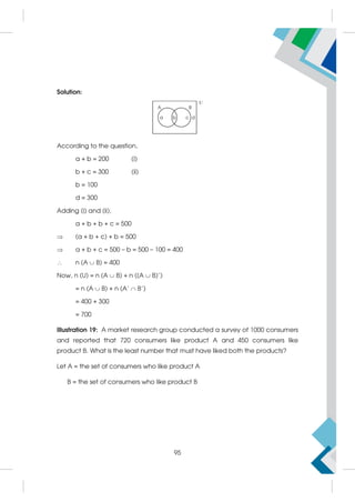 Solution:
According to the question,
a + b = 200 (i)
b + c = 300 (ii)
b = 100
d = 300
Adding (i) and (ii),
a + b + b + c = 500
 (a + b + c) + b = 500
 a + b + c = 500 – b = 500 – 100 = 400
 n (A  B) = 400
Now, n (U) = n (A  B) + n ((A  B)')
= n (A  B) + n (A'  B')
= 400 + 300
= 700
Illustration 19: A market research group conducted a survey of 1000 consumers
and reported that 720 consumers like product A and 450 consumers like
product B. What is the least number that must have liked both the products?
Let A = the set of consumers who like product A
B = the set of consumers who like product B
95
 