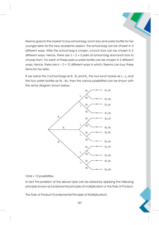 Reema goes to the market to buy school bag, lunch box and water bottle for her
younger sister for the new academic session. The school bag can be chosen in 3
different ways. After the school bag is chosen, a lunch box can be chosen in 2
different ways. Hence, there are 3 × 2 = 6 pairs of school bag and lunch box to
choose from. For each of these pairs a water bottle can be chosen in 2 different
ways. Hence, there are 6 × 2 = 12 different ways in which, Reema can buy these
items for her sister.
If we name the 3 school bags as B1, B2 and B3, the two lunch boxes as L1, L2 and
the two water bottles as W1, W2, then the various possibilities can be shown with
the arrow diagram shown below.
Total = 12 possibilities
In fact the problem of the above type can be solved by applying the following
principle known as fundamental principle of multiplication or the Rule of Product.
The Rule of Product (Fundamental Principle of Multiplication)
187
 
