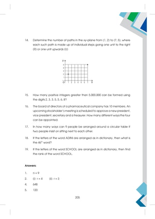 14. Determine the number of paths in the xy–plane from (1, 2) to (7, 5), where
each such path is made up of individual steps going one unit to the right
(R) or one unit upwards (U)
15. How many positive integers greater than 5,000,000 can be formed using
the digits 2, 3, 3, 5, 5, 6, 8?
16. The board of directors of a pharmaceutical company has 10 members. An
upcoming stockholder's meeting is scheduled to approve a new president,
vice president, secretary and a treasurer. How many different ways the four
can be appointed.
17. In how many ways can 9 people be arranged around a circular table if
two people insist on sitting next to each other.
18. If the letters of the word ADINI are arranged as in dictionary, then what is
the 46th
word?
19. If the letters of the word SCHOOL are arranged as in dictionary, then find
the rank of the word SCHOOL.
Answers:
1. n = 9
2. (i) r = 4 (ii) r = 3
4. 648
5. 120
205
 