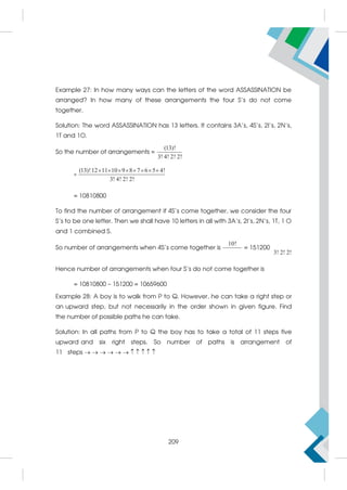 Example 27: In how many ways can the letters of the word ASSASSINATION be
arranged? In how many of these arrangements the four S's do not come
together.
Solution: The word ASSASSINATION has 13 letters. It contains 3A's, 4S's, 2I's, 2N's,
1T and 1O.
So the number of arrangements =
(13)!
3! 4! 2! 2!
=
(13)!12 11 10 9 8 7 6 5 4!
3! 4! 2! 2!
       
= 10810800
To find the number of arrangement if 4S's come together, we consider the four
S's to be one letter. Then we shall have 10 letters in all with 3A's, 2I's, 2N's, 1T, 1 O
and 1 combined S.
So number of arrangements when 4S's come together is
10!
= 151200
3!2!2!
Hence number of arrangements when four S's do not come together is
= 10810800 – 151200 = 10659600
Example 28: A boy is to walk from P to Q. However, he can take a right step or
an upward step, but not necessarily in the order shown in given figure. Find
the number of possible paths he can take.
Solution: In all paths from P to Q the boy has to take a total of 11 steps five
upward and six right steps. So number of paths is arrangement of
11 steps           
209
 