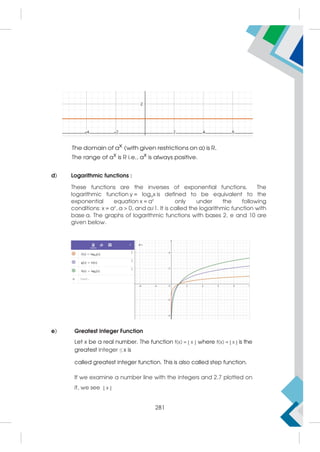 The domain of ax (with given restrictions on a) is R.
The range of ax is R i.e., ax is always positive.
d) Logarithmic functions :
These functions are the inverses of exponential functions. The
logarithmic function y = logax is defined to be equivalent to the
exponential equation x = ay
only under the following
conditions: x = ay
, a  0, and a≠1. It is called the logarithmic function with
base a. The graphs of logarithmic functions with bases 2, e and 10 are
given below.
e) Greatest Integer Function
Let x be a real number. The function f(x) = ⌊ x ⌋ where f(x) = ⌊ x ⌋ is the
greatest integer ≤ x is
called greatest integer function. This is also called step function.
If we examine a number line with the integers and 2.7 plotted on
it, we see ⌊ x ⌋
281
 