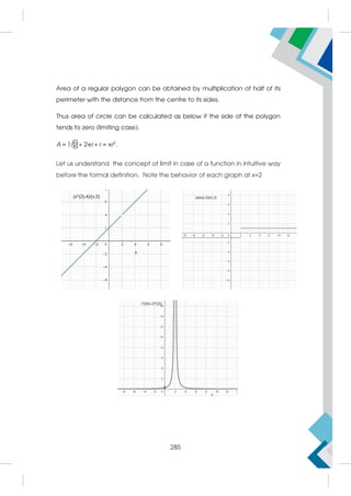 Area of a regular polygon can be obtained by multiplication of half of its
perimeter with the distance from the centre to its sides.
Thus area of circle can be calculated as below if the side of the polygon
tends to zero (limiting case).
A = 1/2 × 2πr × r = πr2
.
Let us understand the concept of limit in case of a function in intuitive way
before the formal definition. Note the behavior of each graph at x=2
285
 