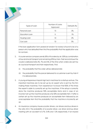 Types of Loan
Number of Loans
Approved
Defaults (%)
Personal Loan 15 3%
Education Loan 5 1%
Housing Loan 10 2%
Car Loan 10 5%
If the loan application form picked at random for review is found to be of a
person who has defaulted then find the probability that the application was
for car loan.
2. A courier service company sends 30% of its orders by air, 50% by combination
of bus and local transport and remaining 20% by train. Past record shows the
courier is delivered late 2%, 7% and 5% of the time when orders are sent by
air, bus local transport and train respectively. Find
(i) the probability that the order will be delivered late
(ii) the probability that the parcel delivered to a customer is sent by train if
it is delivered late.
3. A young entrepreneur imports high tech machines for a startup venture. The
imported machines are to be set up by an expert who is sent by the firm
making these machines. From experience it is known that 80% of the times
the expert is able to correctly set up the machines. If the setup is correctly
done the machine produces 90% acceptable items and in case of an
incorrect set up the machine produces only 50% acceptable item. If after a
certain set up the machine produces an acceptable item followed by an
unacceptable item find the probability that the machine is incorrectly set
up.
4. An insurance company insures scooter drivers, car drivers and bus drivers in
the ratio 4:5:3. The probability of a scooter driver, car driver and bus driver
meeting with an accident is 0.7%, 0.4% and 1.2% respectively. If an insured
324
 