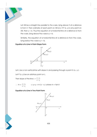 Let AB be a straight line parallel to the x-axis, lying above it at a distance
b from it. Then ordinate of each point on AB is b. If P (x, y) is any point on
AB, then y = b. Thus the equation of a horizontal line at a distance b from
the x-axis, lying above the x-axis is y = b.
Similarly, the equation of a horizontal line at a distance b from the x-axis,
lying below the x-axis is y = –b.
Equation of a Line in Point-Slope Form
Let L be a non-vertical line with slope m and passing through a point A (x1, y1).
Let P (x, y) be an arbitrary point on L.
Then slope of the line L = 1
1
y y
x x


 m = 1
1
y y
x x


 y–y1 = m (x – x1) where m = tan θ
Equation of a Line in Two-Point Form
458
 