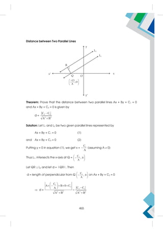 Distance between Two Parallel Lines
Theorem: Prove that the distance between two parallel lines Ax + By + C1 = 0
and Ax + By + C2 = 0 is given by
d =
2 1
2 2
C – C
A B

Solution: Let L1 and L2 be two given parallel lines represented by
Ax + By + C1 = 0 (1)
and Ax + By + C2 = 0 (2)
Putting y = 0 in equation (1), we get x = 1
C
A
 (assuming A  0)
Thus L1, intersects the x-axis at Q = 1
C
, 0
A
 

 
 
Let QR  L2 and let d = |QR|. Then
d = length of perpendicular from Q 1
C
, 0
A
 

 
 
on Ax + By + C2 = 0
 d =
1
2
2 1
2 2 2 2
C
A B 0 C
C C
A
A B A B
 
    
  
 

 
465
 