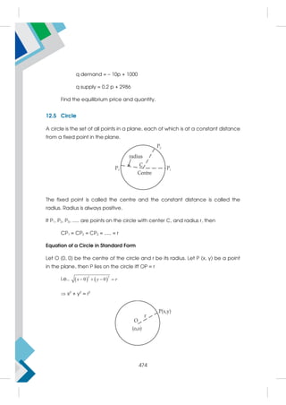 q demand = – 10p + 1000
q supply = 0.2 p + 2986
Find the equilibrium price and quantity.
12.5 Circle
A circle is the set of all points in a plane, each of which is at a constant distance
from a fixed point in the plane.
The fixed point is called the centre and the constant distance is called the
radius. Radius is always positive.
It P1, P2, P3, ..... are points on the circle with center C, and radius r, then
CP1 = CP2 = CP3 = ..... = r
Equation of a Circle in Standard Form
Let O (0, 0) be the centre of the circle and r be its radius. Let P (x, y) be a point
in the plane, then P lies on the circle iff OP = r
i.e.,    
2 2
0 0
x y r
   
 x2
+ y2
= r2
474
 