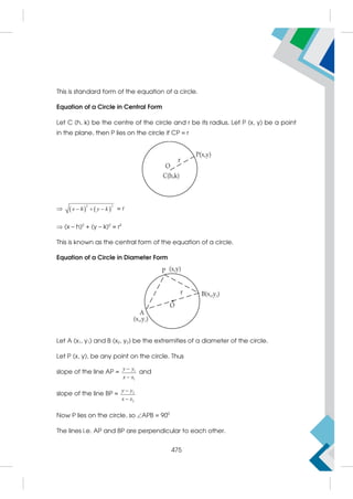 This is standard form of the equation of a circle.
Equation of a Circle in Central Form
Let C (h, k) be the centre of the circle and r be its radius. Let P (x, y) be a point
in the plane, then P lies on the circle if CP = r
    
2 2
x h y k
   = r
 (x – h)2
+ (y – k)2
= r2
This is known as the central form of the equation of a circle.
Equation of a Circle in Diameter Form
Let A (x1, y1) and B (x2, y2) be the extremities of a diameter of the circle.
Let P (x, y), be any point on the circle. Thus
slope of the line AP = 1
1
y y
x x


and
slope of the line BP = 2
2
y y
x x


Now P lies on the circle, so APB = 900
The lines i.e. AP and BP are perpendicular to each other.
475
 