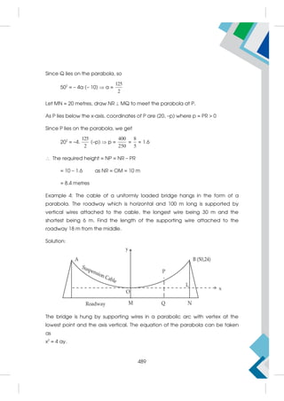 505
Since Q lies on the parabola, so
502
= – 4a (– 10)  a =
125
2
Let MN = 20 metres, draw NR  MQ to meet the parabola at P.
As P lies below the x-axis, coordinates of P are (20, –p) where p = PR  0
Since P lies on the parabola, we get
202
= –4.
125
2
(–p)  p =
400
250
=
8
5
= 1.6
 The required height = NP = NR – PR
= 10 – 1.6 as NR = OM = 10 m
= 8.4 metres
Example 4: The cable of a uniformly loaded bridge hangs in the form of a
parabola. The roadway which is horizontal and 100 m long is supported by
vertical wires attached to the cable, the longest wire being 30 m and the
shortest being 6 m. Find the length of the supporting wire attached to the
roadway 18 m from the middle.
Solution:
The bridge is hung by supporting wires in a parabolic arc with vertex at the
lowest point and the axis vertical. The equation of the parabola can be taken
as
x2
= 4 ay.
489
 