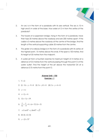 2. An arc is in the form of a parabola with its axis vertical. The arc is 10 m
high and 5 m wide at the base. How wide is it 2 m from the vertex of the
parabola?
3. The towers of a suspension bridge, hang in the form of a parabola, have
their tops 30 metres above the roadway and are 200 metres apart. If the
cable is 5 metres above the roadway at the centre of the bridge, find the
length of the vertical supporting cable 30 metres from the centre.
4. The girder of a railway bridge is in the form of a parabola with its vertex at
the highest point, 15 metres above the ends. If the span is 150 metres, find
its height at 30 metres from the midpoint.
5. A water jet from a fountain reaches its maximum height of 4 metres at a
distance of 0.5 metres from the vertical passing through the point O of the
water outlet. Find the height of the jet above the horizontal OX at a
distance 0.75 metre from the point O.
Answer Unit – VIII
Exercise – 1
1. Y = 3
2. (i) 13 9 0
  
x y (ii) 3 11 0
 
x y (iii) 3 4 0
  
x y
3.  
y x
4. 2 6
 
x y
5. 12 5 39
 
x y
6. 6
12 5
 

x y
, a = 12, b = -5
7. 0 0
os45 45 2
 
x C y Sin
8. (8, 0), (-2, 0)
9. 0
25 75
 
c
491
 