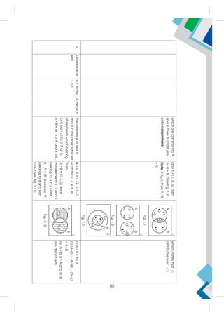 which
are
common
to
A
and
B,
then
A
and
B
are
called
disjoint
sets.
and
B
=
{1,
3,
5}.
Then
AB
=
B.
(See
Fig.
1.9)
Note:
If
BA,
then
AB
=
B.
Fig.
1.7
Fig.
1.8
Fig.
1.9
which
states
that
''
distributes
over
'')
3.
Difference
of
sets
A
–
B
(Fig.
1.10)
A
minus
B
The
difference
of
sets
A
and
B
in
this
order
is
the
set
of
elements
which
belong
to
A
but
not
to
B.
That
is,
A
–
B
=
{x
:
x

A
and
x
B}.
6.
Let
A
=
{1,
2,
3,
4,
5,
6}
and
B
=
{2,
4,
6,
8}.
Then,
A
–
B
=
{1,
3,
5}
since
the
elements
1,
3
and
5
belong
to
A
but
not
B.
B
–
A
=
{8}
because
'8'
belongs
to
B
and
not
to
A.
(See
Fig.
1.11)
Fig.
1.10
(i)
A
–
B

B
–
A
(ii)
(A–B)

(AB)

(B–A)
=
AB
(iii)
A
–
B,
B
–
A
and
AB
are
disjoint
sets.
85
 