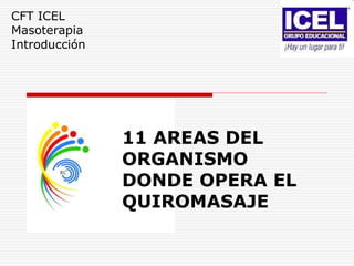 CFT ICEL
Masoterapia
Introducción
11 AREAS DEL
ORGANISMO
DONDE OPERA EL
QUIROMASAJE
 