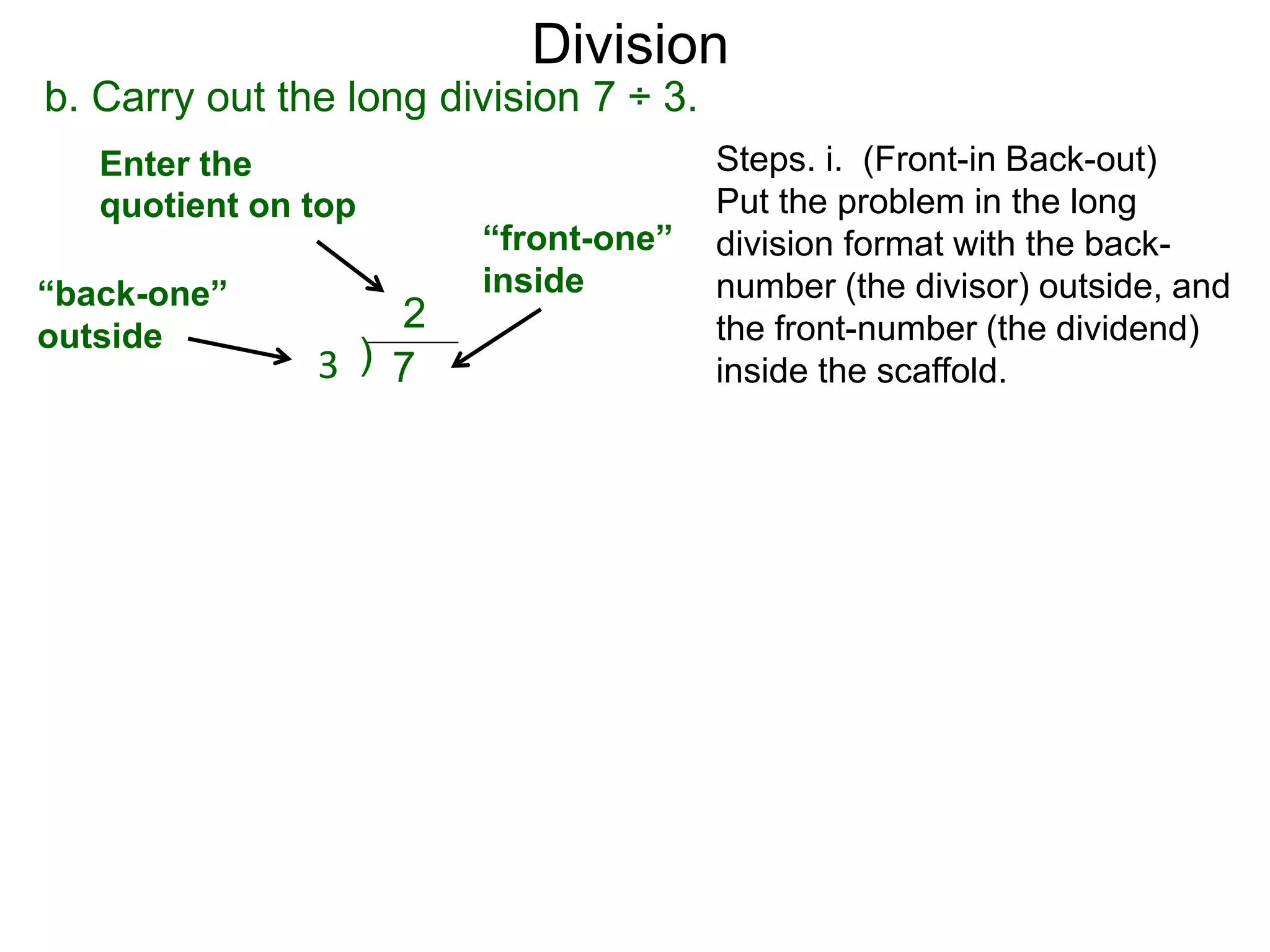 b. Carry out the long division 7 ÷ 3.
Steps. i. (Front-in Back-out)
Put the problem in the long
division format with the back-
number (the divisor) outside, and
the front-number (the dividend)
inside the scaffold.
“back-one”
outside
)3 7
“front-one”
inside
Enter the
quotient on top
2
Division
 