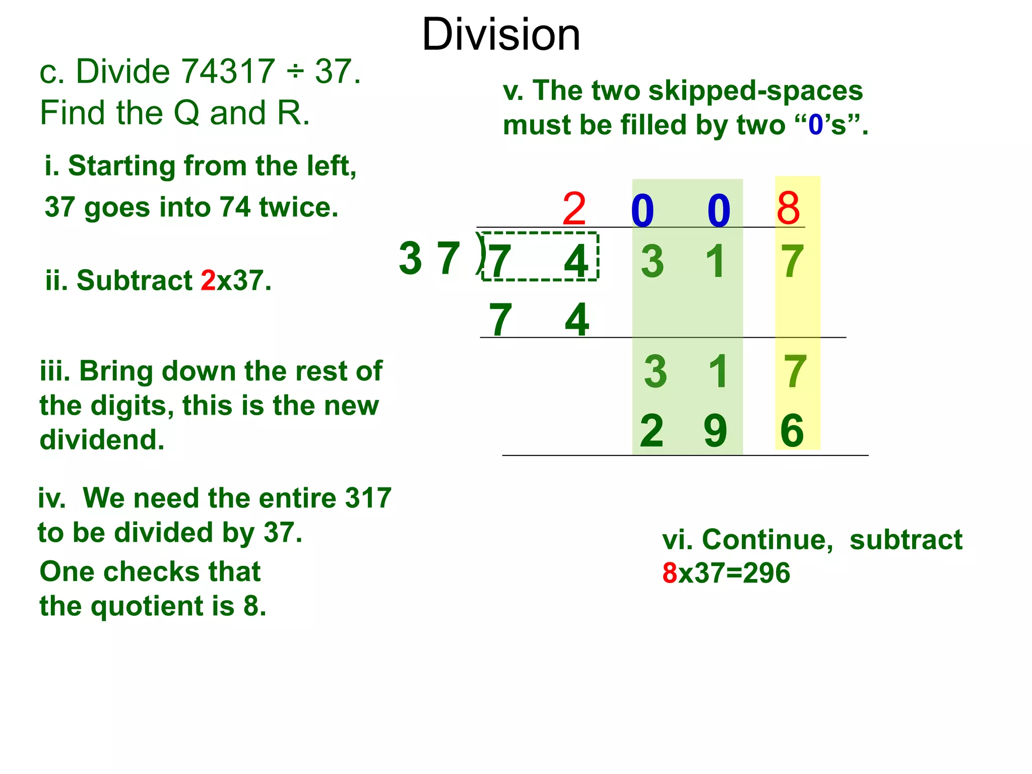 Division
)3 7 7 4 3 1 7
i. Starting from the left,
37 goes into 74 twice.
ii. Subtract 2x37.
3 1 7iii. Bring down the rest of
the digits, this is the new
dividend.
vi. Continue, subtract
8x37=296
2
c. Divide 74317 ÷ 37.
Find the Q and R.
iv. We need the entire 317
to be divided by 37.
v. The two skipped-spaces
must be filled by two “0’s”.
7 4
80 0
2 9 6
One checks that
the quotient is 8.
 