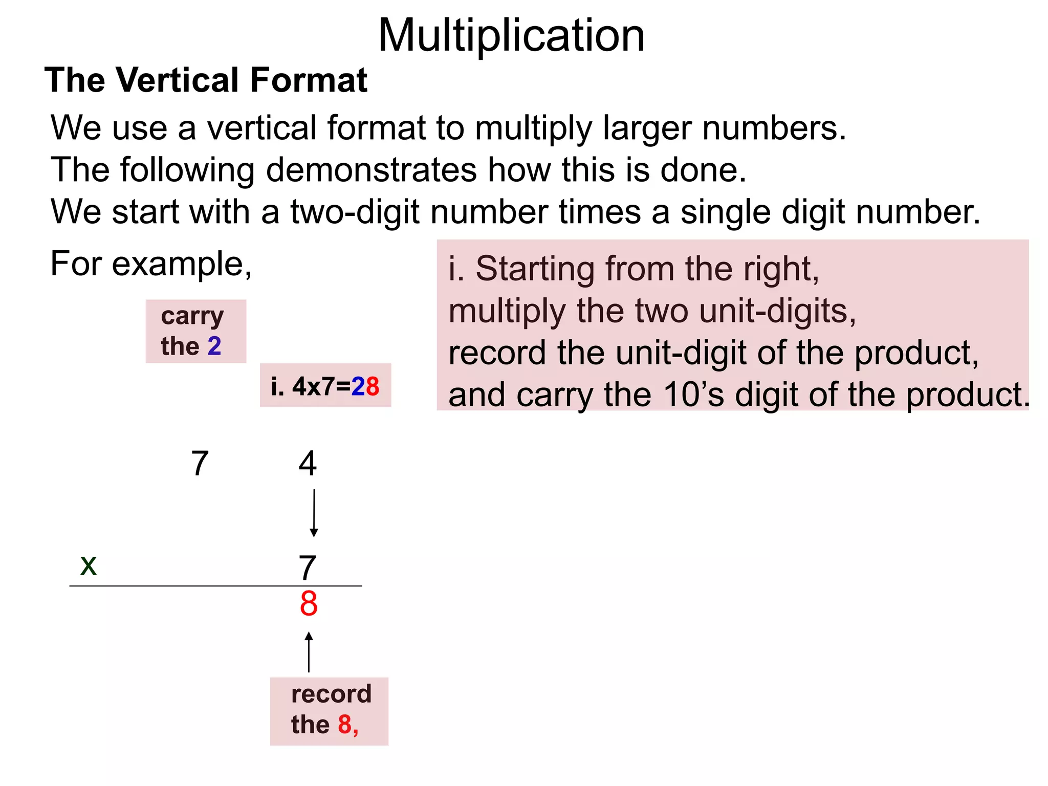 The Vertical Format
47
i. Starting from the right,
multiply the two unit-digits,
7x
8
record
the 8,
carry
the 2
For example,
We use a vertical format to multiply larger numbers.
The following demonstrates how this is done.
We start with a two-digit number times a single digit number.
i. 4x7=28
record the unit-digit of the product,
and carry the 10’s digit of the product.
Multiplication
 
