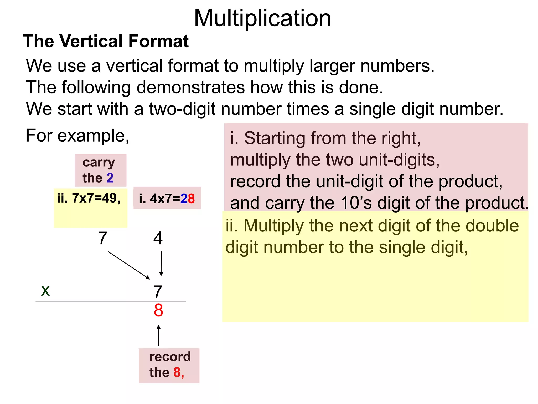 The Vertical Format
47
i. Starting from the right,
multiply the two unit-digits,
ii. Multiply the next digit of the double
digit number to the single digit,
7x
8
record
the 8,
carry
the 2
For example,
We use a vertical format to multiply larger numbers.
The following demonstrates how this is done.
We start with a two-digit number times a single digit number.
i. 4x7=28ii. 7x7=49,
record the unit-digit of the product,
and carry the 10’s digit of the product.
Multiplication
 
