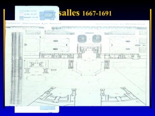 Versalles 1667-1691
– El palacio de Luis XIV es una obra larga en el tiempo, con un
significado y valor histórico a la altura de su valor artístico.
– Louis Le Vau, Hardouin-Mansart, André le Nôtre, entre
otros, trabajaron y dirigieron las obras. Mansart pasa por ser
el mayor responsable… siquiera sea porque fue el arquitecto
preferido del monarca y el que mayor obra hizo a partir de lo
legado por Le Vau, que fue mucho.
– Luis XIV, rey desde los tres años, empieza a reinar “solo”,
sin los “validos”, tras la muerte de Mazzarino, en 1661. Y,
recién casado con una princesa española, es el monarca más
poderoso del continente en ese momento.
– Versalles comienza a construirse por orden de Luis XIV que
quiere marcharse de París, del palacio del Louvre… por
miedo a los motines...

 