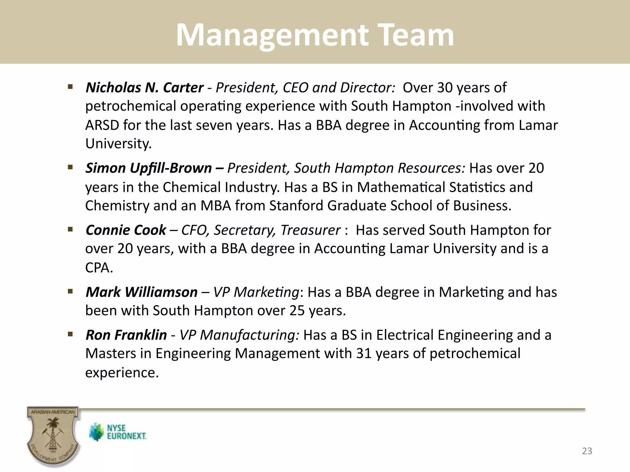 Management	
  Team	
  
23	
  
!  Nicholas	
  N.	
  Carter	
  -­‐	
  President,	
  CEO	
  and	
  Director:	
  	
  Over	
  30	
  years	
  of	
  
petrochemical	
  opera.ng	
  experience	
  with	
  South	
  Hampton	
  -­‐involved	
  with	
  
ARSD	
  for	
  the	
  last	
  seven	
  years.	
  Has	
  a	
  BBA	
  degree	
  in	
  Accoun.ng	
  from	
  Lamar	
  
University.	
  	
  	
  
!  Simon	
  Upﬁll-­‐Brown	
  –	
  President,	
  South	
  Hampton	
  Resources:	
  Has	
  over	
  20	
  
years	
  in	
  the	
  Chemical	
  Industry.	
  Has	
  a	
  BS	
  in	
  Mathema.cal	
  Sta.s.cs	
  and	
  
Chemistry	
  and	
  an	
  MBA	
  from	
  Stanford	
  Graduate	
  School	
  of	
  Business.	
  
!  Connie	
  Cook	
  –	
  CFO,	
  Secretary,	
  Treasurer	
  :	
  	
  Has	
  served	
  South	
  Hampton	
  for	
  
over	
  20	
  years,	
  with	
  a	
  BBA	
  degree	
  in	
  Accoun.ng	
  Lamar	
  University	
  and	
  is	
  a	
  
CPA.	
  
!  Mark	
  Williamson	
  –	
  VP	
  Marke@ng:	
  Has	
  a	
  BBA	
  degree	
  in	
  Marke.ng	
  and	
  has	
  
been	
  with	
  South	
  Hampton	
  over	
  25	
  years.	
  	
  	
  
!  Ron	
  Franklin	
  -­‐	
  VP	
  Manufacturing:	
  Has	
  a	
  BS	
  in	
  Electrical	
  Engineering	
  and	
  a	
  
Masters	
  in	
  Engineering	
  Management	
  with	
  31	
  years	
  of	
  petrochemical	
  
experience.	
  
 