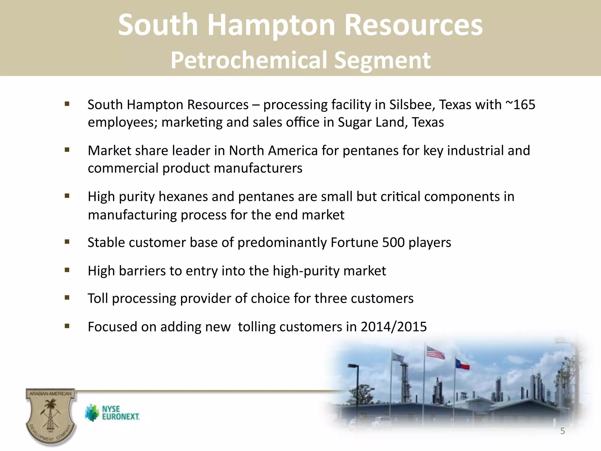South	
  Hampton	
  Resources	
  	
  
Petrochemical	
  Segment	
  	
  
5	
  
!  South	
  Hampton	
  Resources	
  –	
  processing	
  facility	
  in	
  Silsbee,	
  Texas	
  with	
  ~165	
  
employees;	
  marke.ng	
  and	
  sales	
  oﬃce	
  in	
  Sugar	
  Land,	
  Texas	
  
!  Market	
  share	
  leader	
  in	
  North	
  America	
  for	
  pentanes	
  for	
  key	
  industrial	
  and	
  
commercial	
  product	
  manufacturers	
  
!  High	
  purity	
  hexanes	
  and	
  pentanes	
  are	
  small	
  but	
  cri.cal	
  components	
  in	
  
manufacturing	
  process	
  for	
  the	
  end	
  market	
  	
  
!  Stable	
  customer	
  base	
  of	
  predominantly	
  Fortune	
  500	
  players	
  	
  
!  High	
  barriers	
  to	
  entry	
  into	
  the	
  high-­‐purity	
  market	
  
!  Toll	
  processing	
  provider	
  of	
  choice	
  for	
  three	
  customers	
  
!  Focused	
  on	
  adding	
  new	
  	
  tolling	
  customers	
  in	
  2014/2015	
  
 