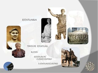 ESTATUARIA
TIPOS DE ESTATUAS:
BUSTOS
ESTATUAS DE
CUERPO ENTERO
E STATUAS ECUESTRES
 